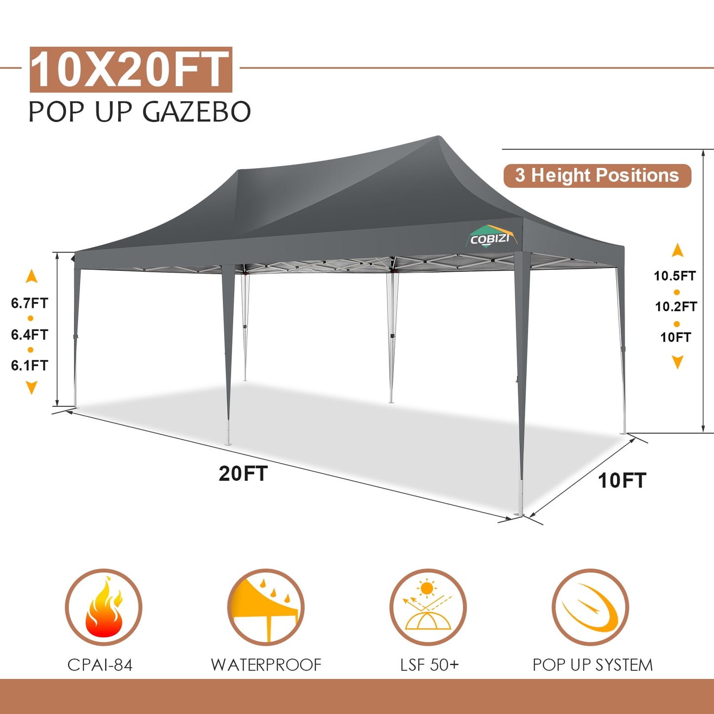 COBIZI 10x20 Pop Up Canopy Tent with 6 Sidewalls,Upgrade Structure Wind & Waterproof Easy up UV Blocking with Carry Bag,3 Adjustable Heights,Wedding Party Tent Outdoor Commercial Party Tent,black