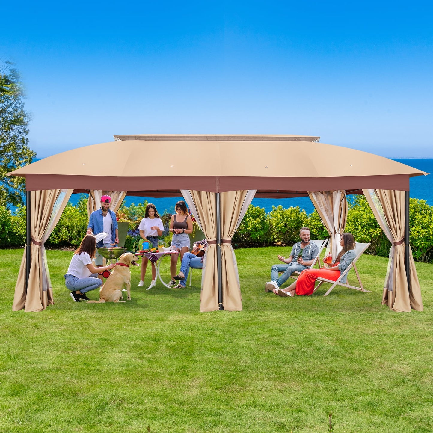 COBIZI Heavy Duty 12x20 Metal Patio Gazebo Outdoor Gazebo Canopy Tent with 6 Mosquito Netting and Curtains Gazebos Shelter 100% Waterproof with Double Roof for Party, Backyard, Deck, Garden, Brown