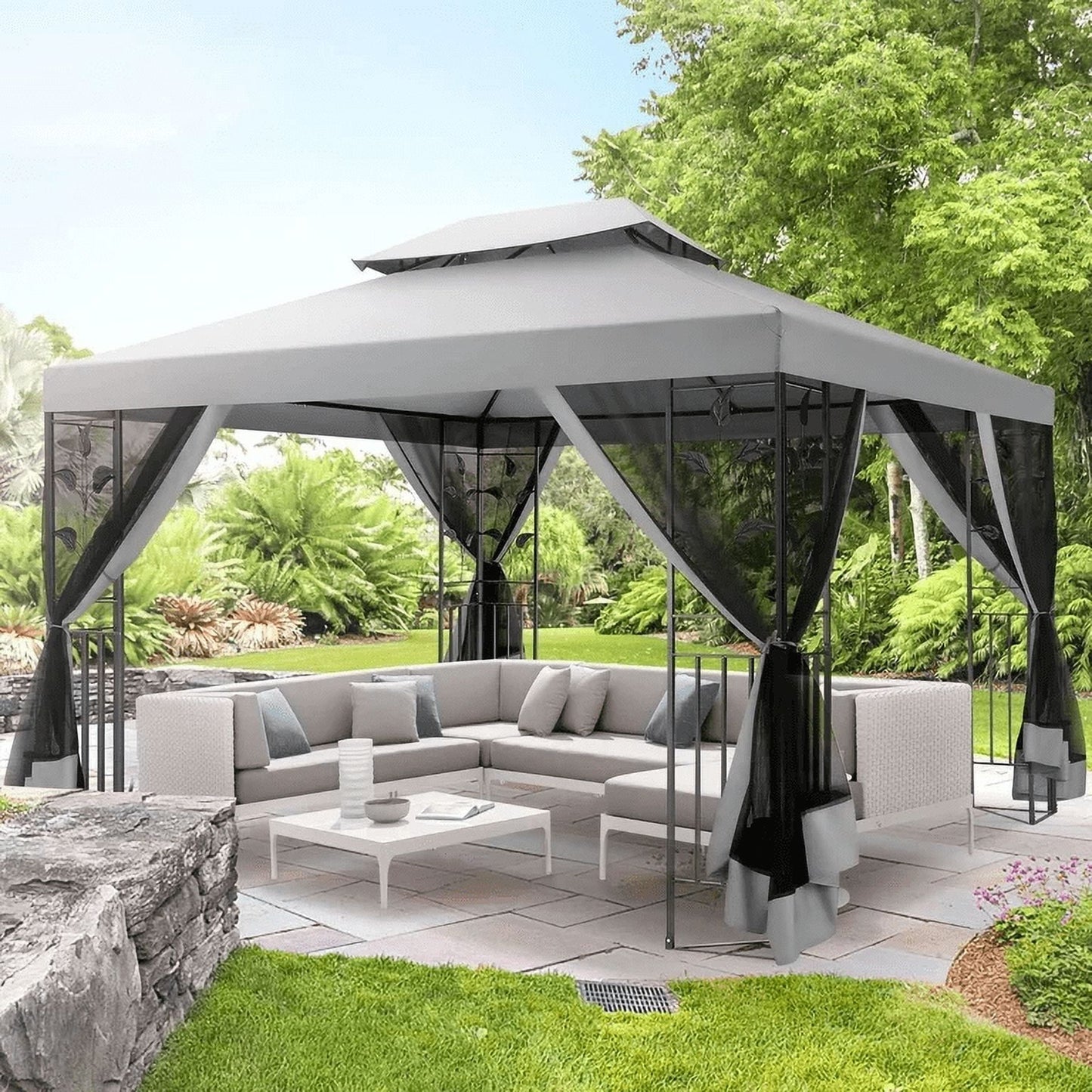 COBIZI 10'x 13' Metal Patio Gazebo, Outdoor Gazebo Canopy Tent for Backyard with Mosquito Netting, Gazebos Shelter with Steel Frame, Patio Covers for Sun and Rain, Gray