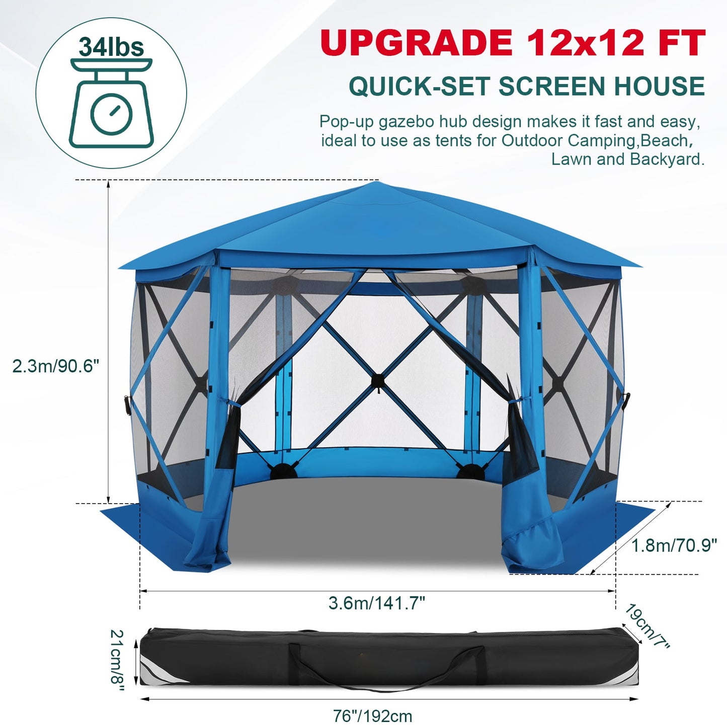 COBIZI Pop Up Gazebo Starry Sky Screen Tent Screen House with a mesh top for Camping, 12x12 Screen Room with Mosquito Netting, Hub Tent Instant Screened Canopy with Carrying Bag, Blue