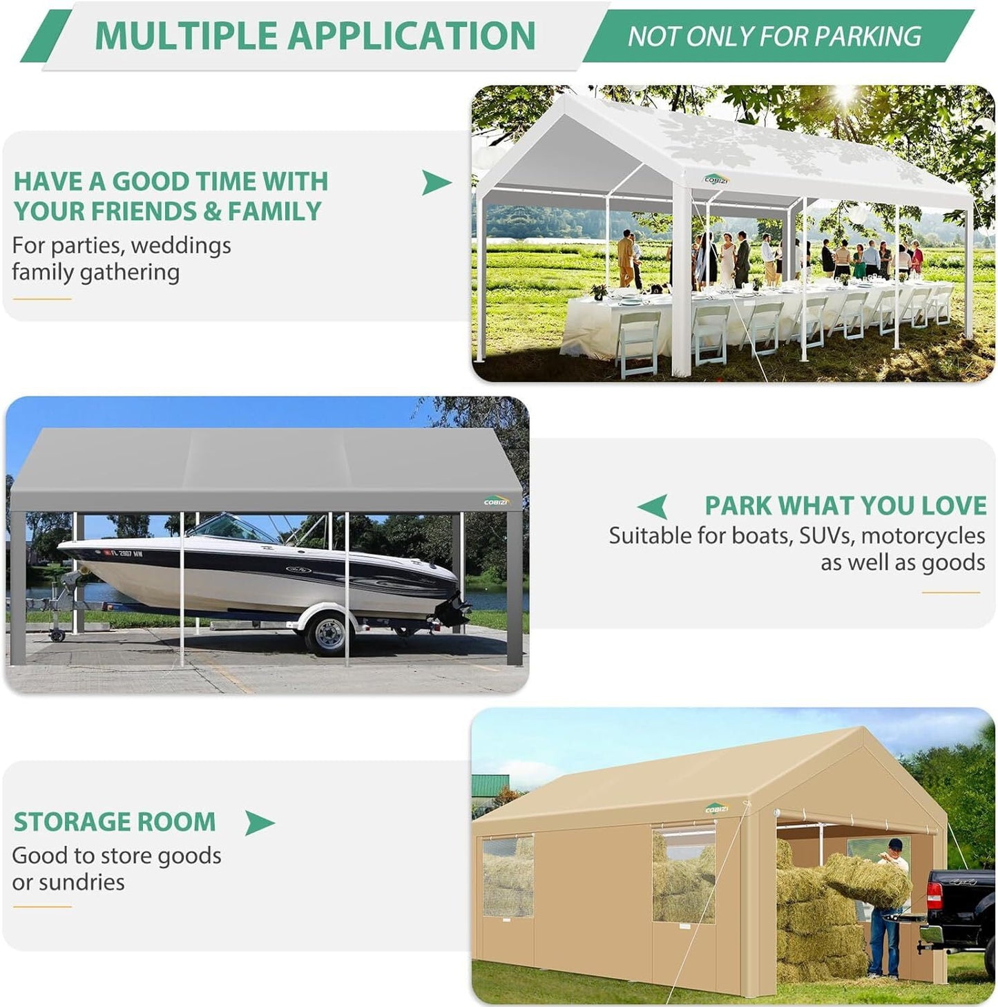COBIZI 10x20ft Carport Heavy Duty, Portable Car Garage with Built-in Sandbags, Waterproof Car Canopy for Truck, Boat, SUV with All-Season Tarp, Khaki