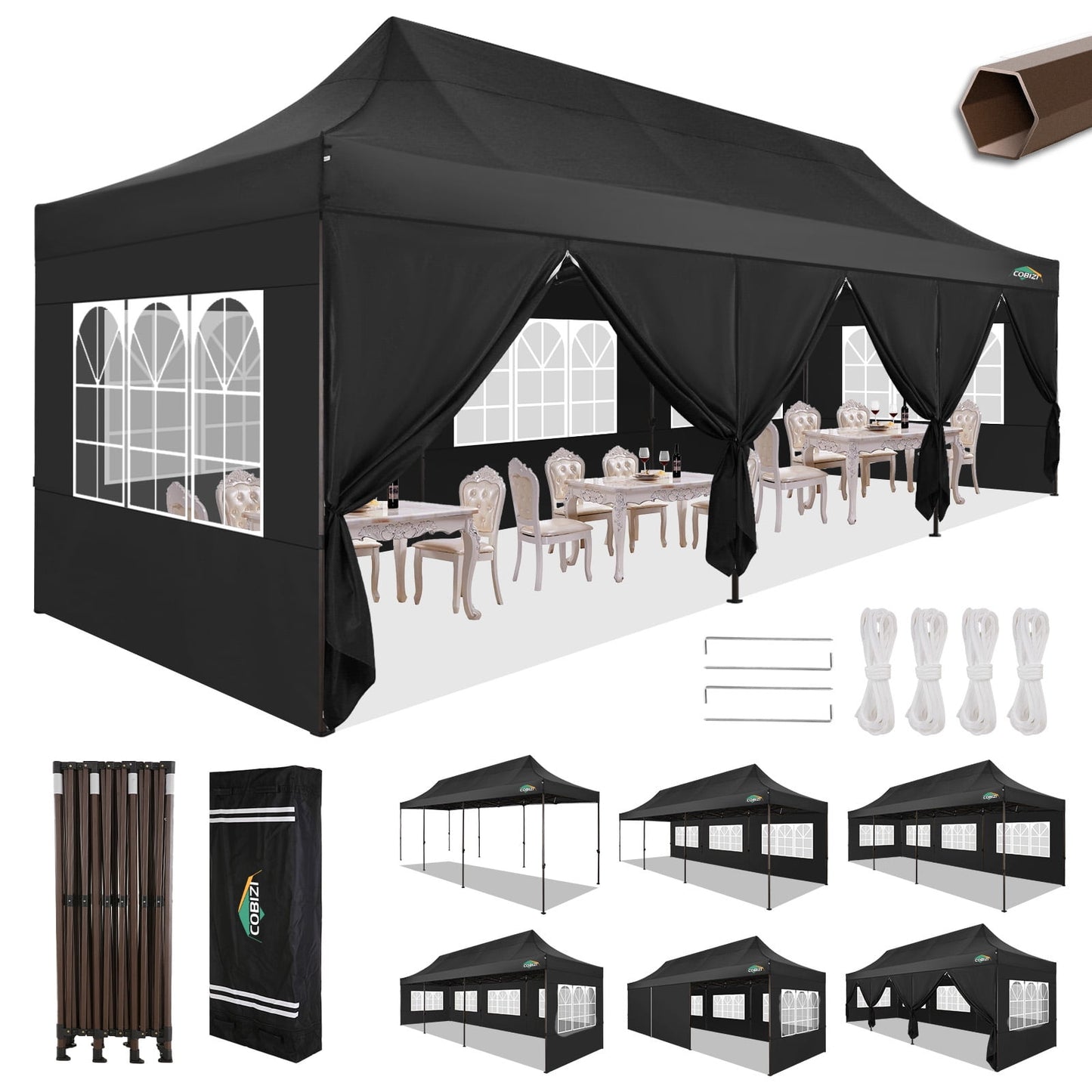 COBIZI Heavy-Duty 10x30 Tent, Commercial Pop Up Canopy, Waterproof, 8 Sidewalls, Black
