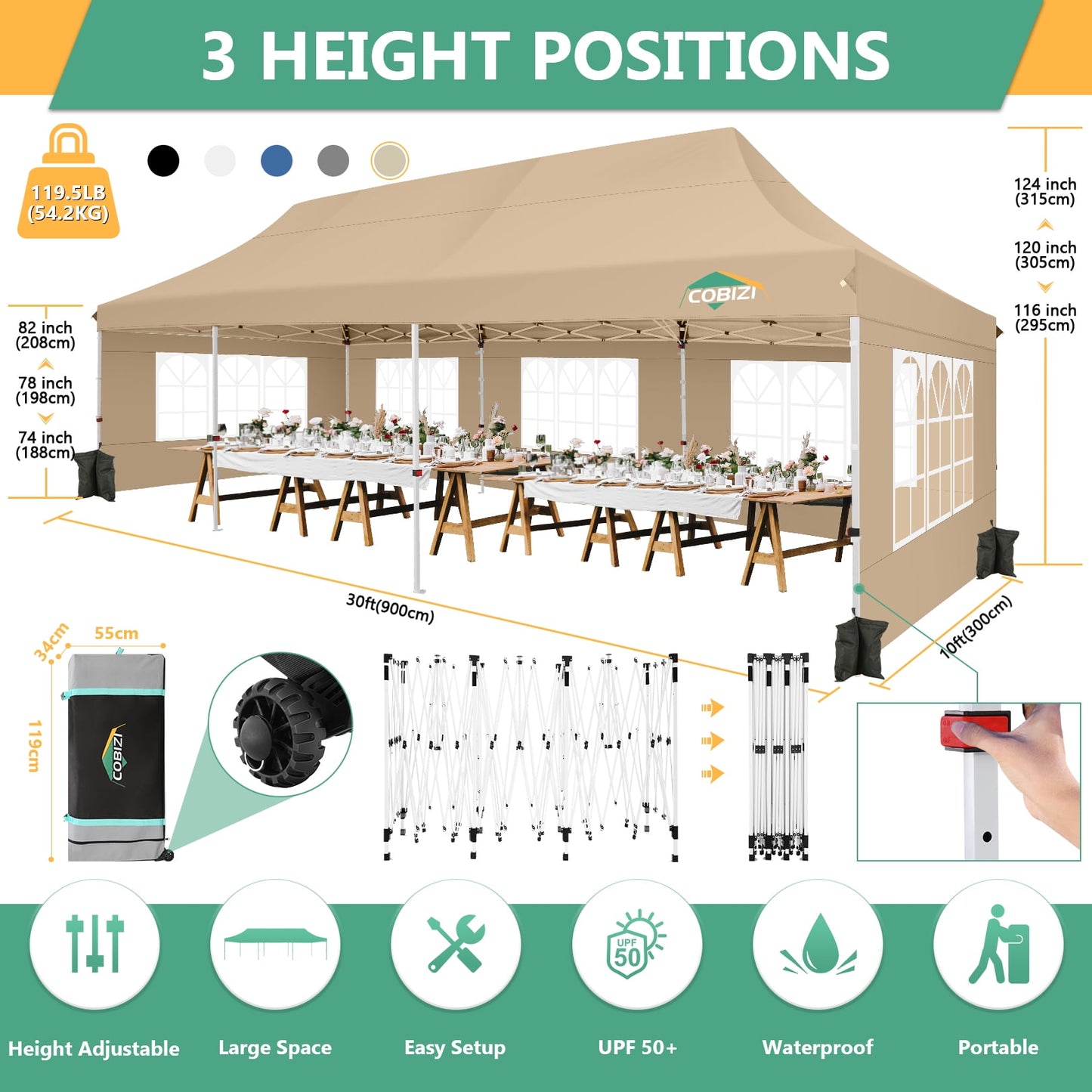 COBIZI 10x30 Pop-up Canopy Outdoor Wedding Party Tent Patio Gazebo Commercial Canopy Tent with Sidewalls Khaki