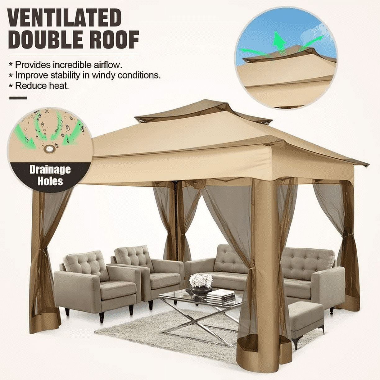 COBIZI Outdoor Canopy Gazebo 11x11 Pop-up Gazebo Patio Gazebo with Mosquito Netting Outdoor Canopy Shelter with 121 Square feet of Shade for Outdoor Lawn, Garden, Party, Backyard and Deck, Khaki