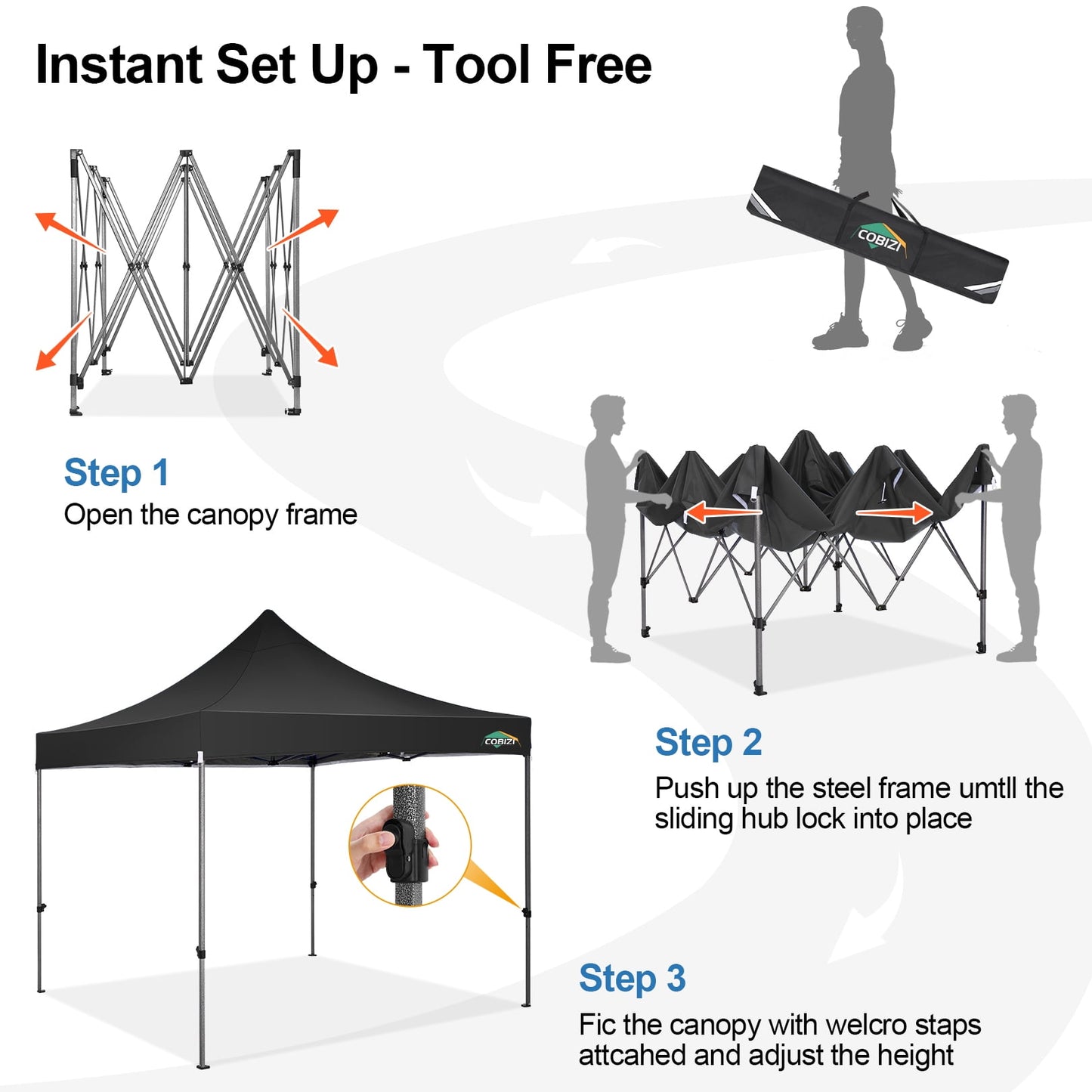 COBIZI 10 x 10 Heavy Duty Pop-up Canopy Tent with Adjustable Height, UPF 50+ Waterproof and Instant Outdoor Shelter, Outdoor Tent Includes 4 Sandbags, and Carrying Bag,Black