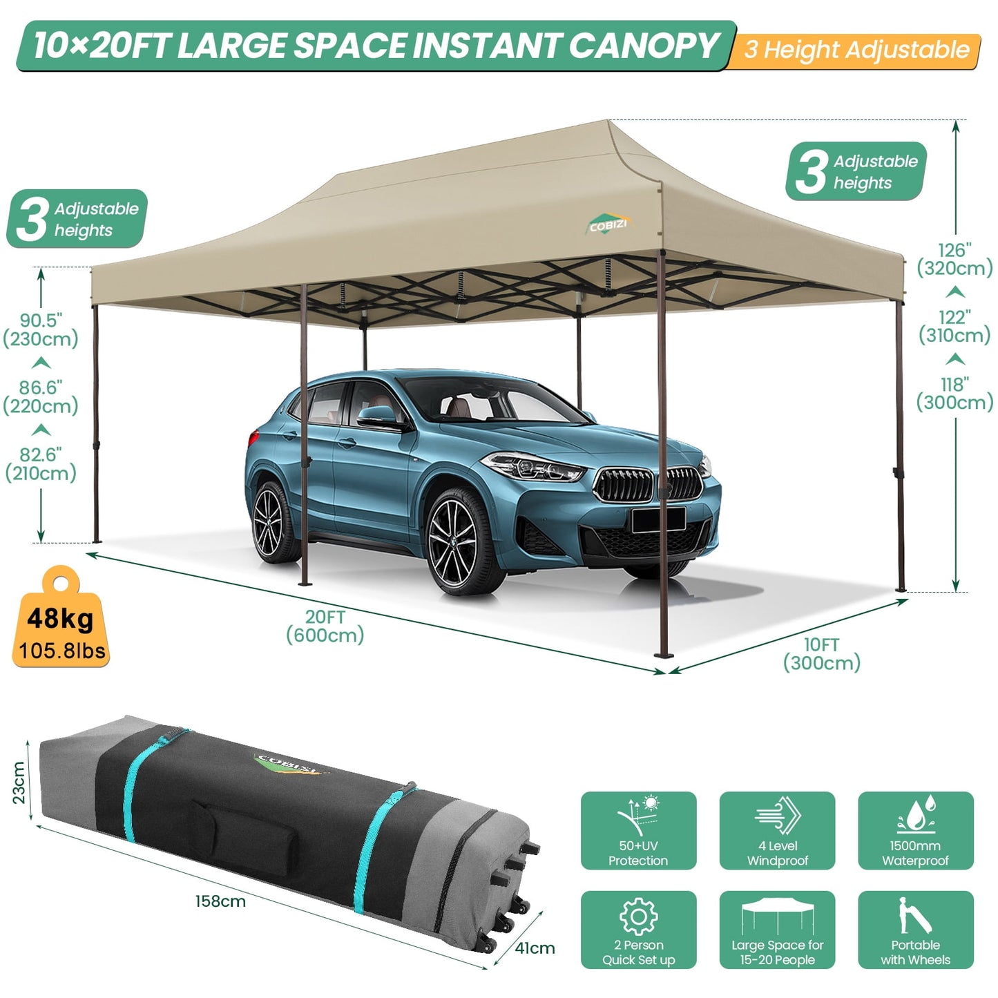 COBIZI 10x20 Pop up Canopy Without Sidewall Heavy Duty Commercial Outdoor Canopy Ez Up Wedding Party Tents for Parties with Roller Bag, Wind & Waterproof UPF50+,Upgrade Hexagonal Tube,khaki