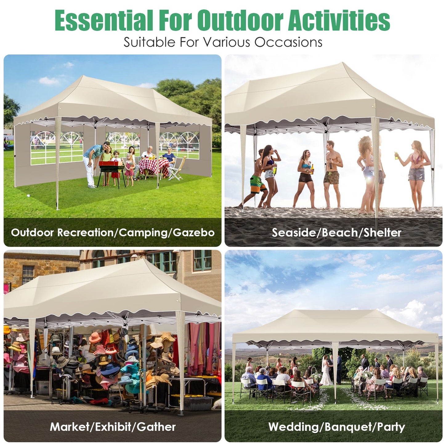 COBIZI Canopy Tent 10X20 Pop-up Canopy with Trolley Case and Rolled Edges,Instant Portable Tent for Outdoor Events,Great for Parties,Weddings,Camping and Beach,Khaki