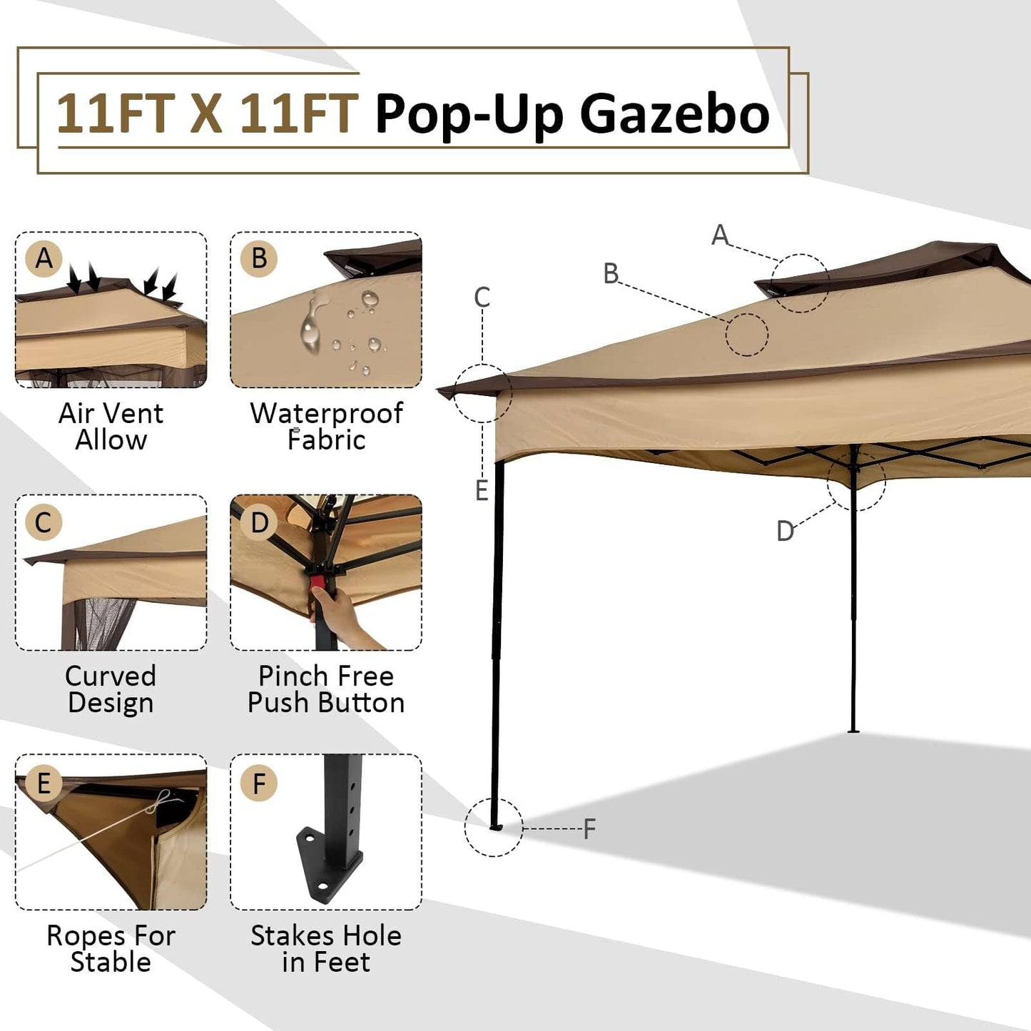 Hoteel Gazebo Canopy Tent, Pop-up Canopy 11x11 Tents for Parties, Outdoor Gazebo with Mosquito Netting and Vented Roof, Screen House for Garden Patio Backyard, Brown