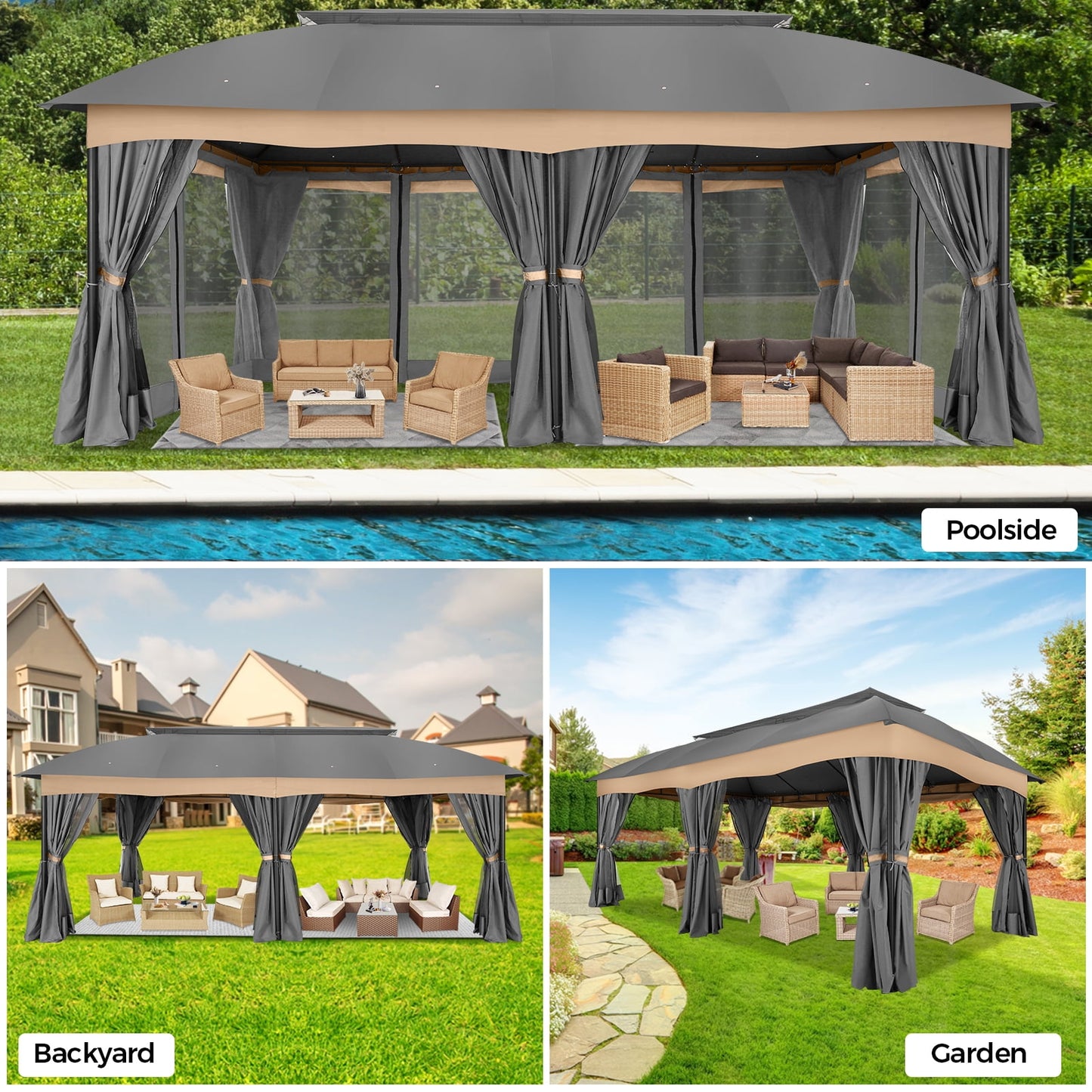 COBIZI Heavy Duty 12x20 Metal Patio Gazebo Outdoor Gazebo Canopy Tent with 6 Mosquito Netting and Curtains Gazebos Shelter 100% Waterproof with Double Roof for Party, Backyard, Deck, Garden, Brown