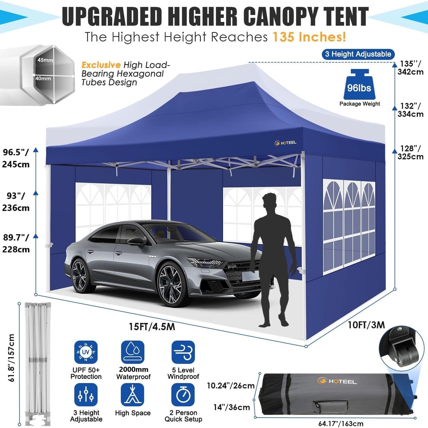 COBIZI 10x15 Canopy Tent with 4 Sidewalls,Heavy Duty Pop Up Canopy Tent for Parties Wedding,Commercial Canopy with Roller Bag,UV 50+&Upgraded Waterproof,Thickened Legs,Dark Blue