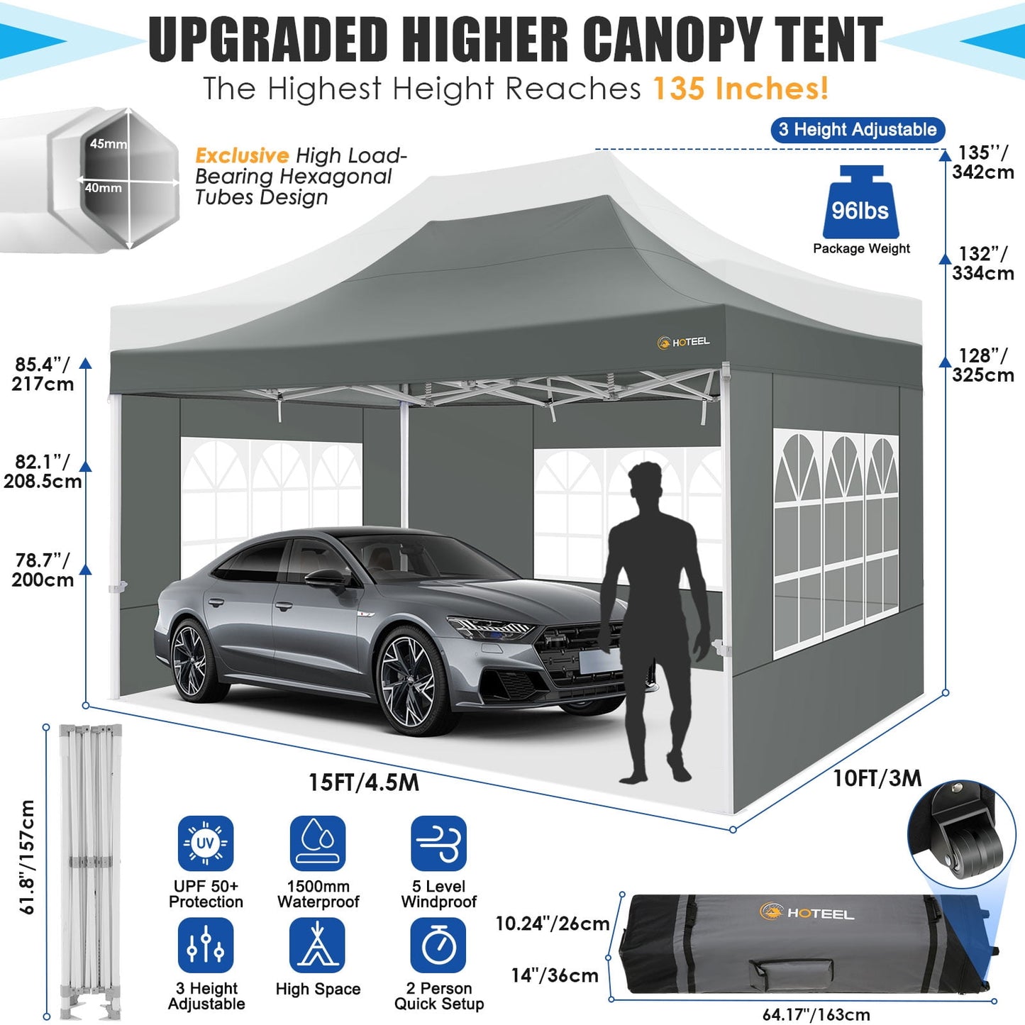 COBIZI 10x15 Pop up Canopy Tent Heavy Duty with 4 Sidewalls Tents for Parties Outdoor Canopy Event Tent Wedding with Roller Bag,Upgraded UV 50+ , Thick Hexagonal Legs, grey