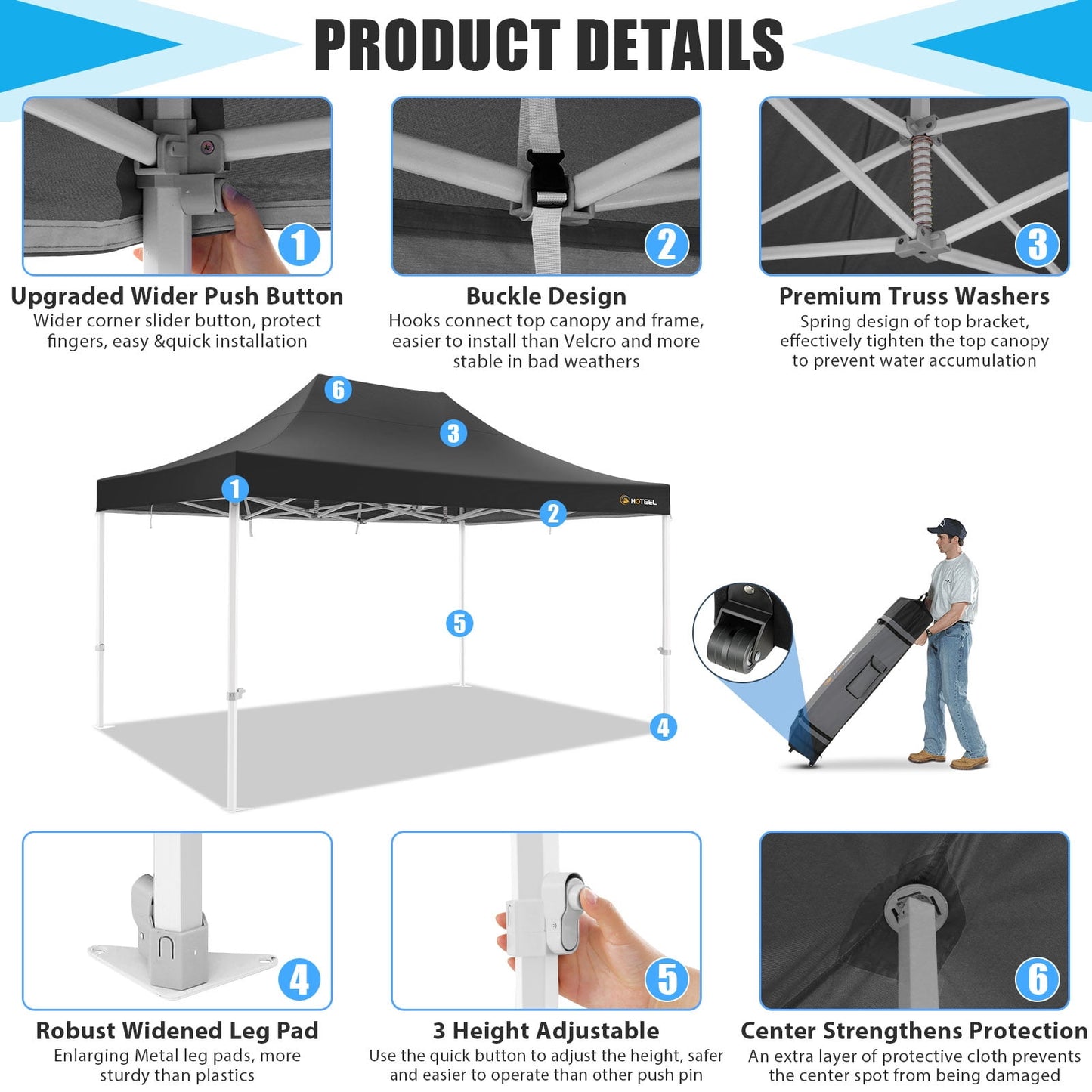 COBIZI 10x15 Pop up Canopy Tent, 10 x 15 Heavy Duty Ez up Canopy, Commercial Instant Party Tent with Roller Bag & Sand Bags,420D Waterproof Oxford & UPF 50+,Black(Frame Thickened & Windproof)