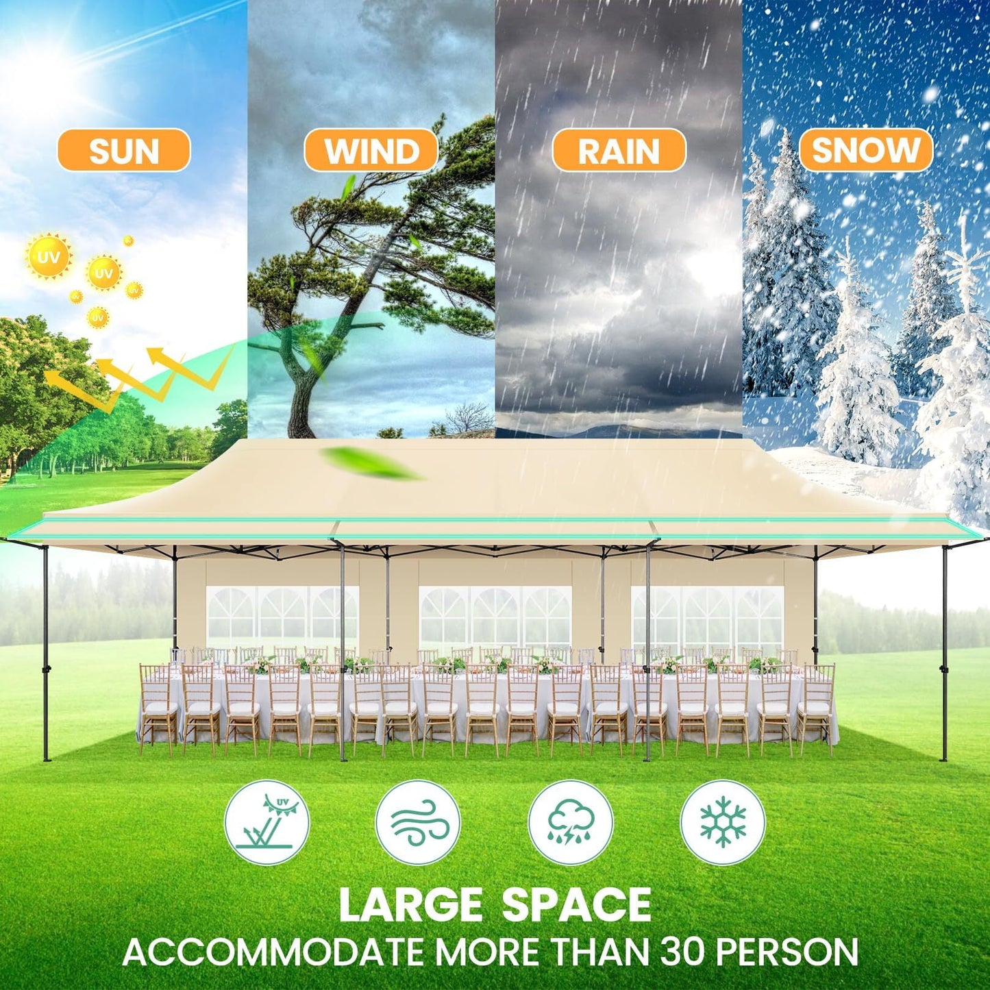 COBIZI 10x30 Pop Up Canopy Heavy Duty Party Tent with Removable Awning and Sidewalls,Easy Up Outdoor Wedding Commercial Canopy,Gazebo All Season Windproof&Waterproof UPF 50+,Blue