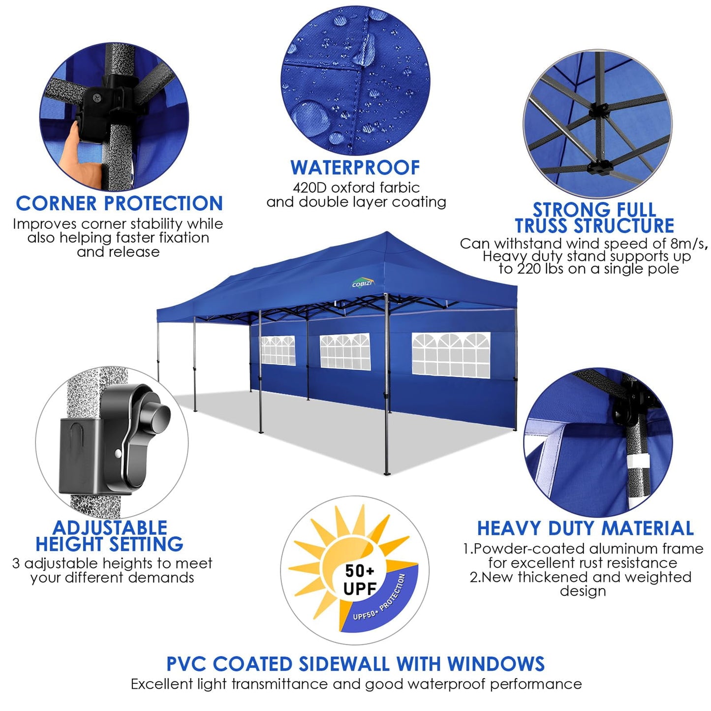 COBIZI 10x30 Heavy Duty Canopy with 8 Sidewalls,Outdoor Carport with Roller Bag,Pop up Tents for Parties,Wedding,Commercial,DarkBlue