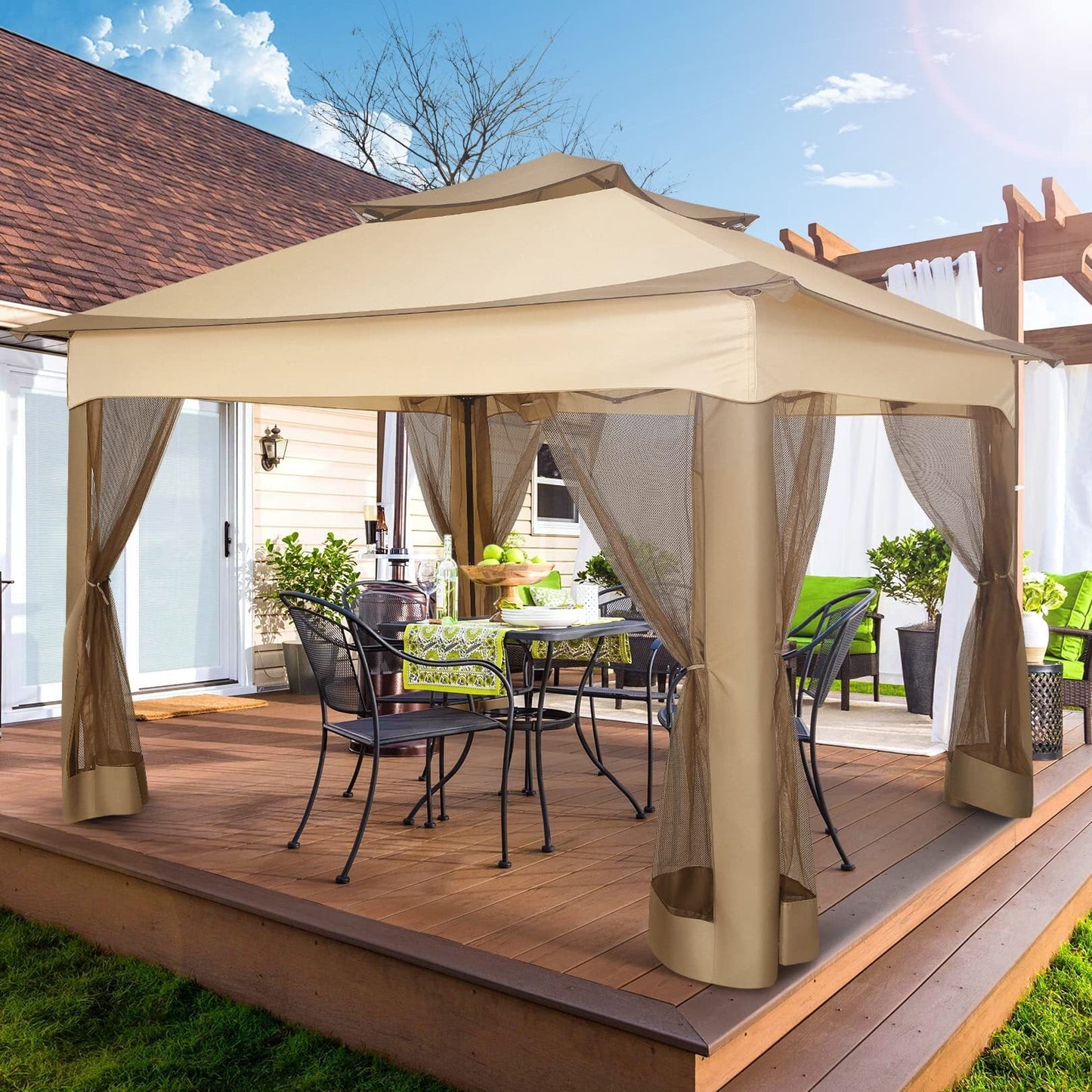 COBIZI Outdoor Canopy Gazebo 11x11 Pop-up Gazebo Patio Gazebo with Mosquito Netting Outdoor Canopy Shelter with 121 Square feet of Shade for Outdoor Lawn, Garden, Backyard and Deck, Khaki
