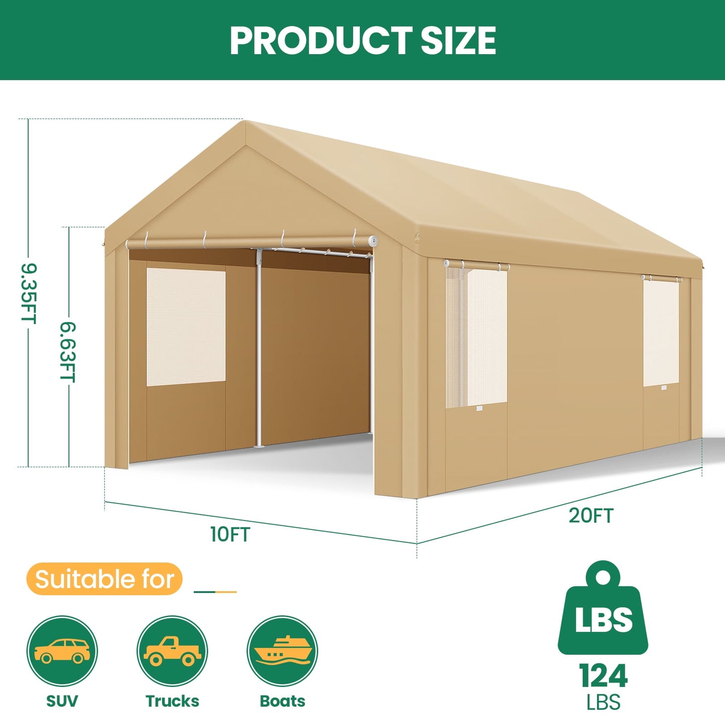 COBIZI 10' x 20' Heavy Duty Carport Car Canopy Garage Shelter Party Tent, Adjustable Height from 6.4ft to 8.9ft, Yellow