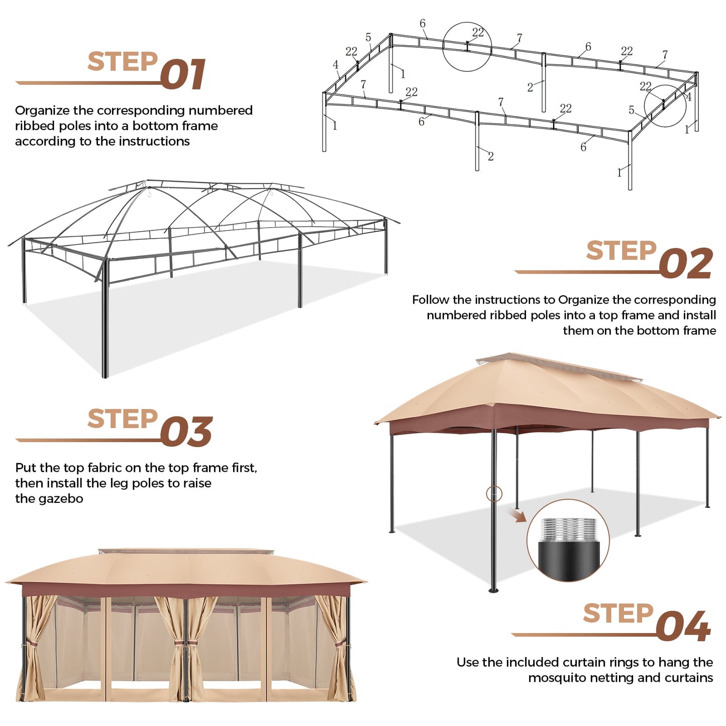 COBIZI Heavy Duty 12x20 Metal Patio Gazebo Outdoor Gazebo Canopy Tent with 6 Mosquito Netting and Curtains Gazebos Shelter 100% Waterproof with Double Roof for Party, Backyard, Deck, Garden, Brown