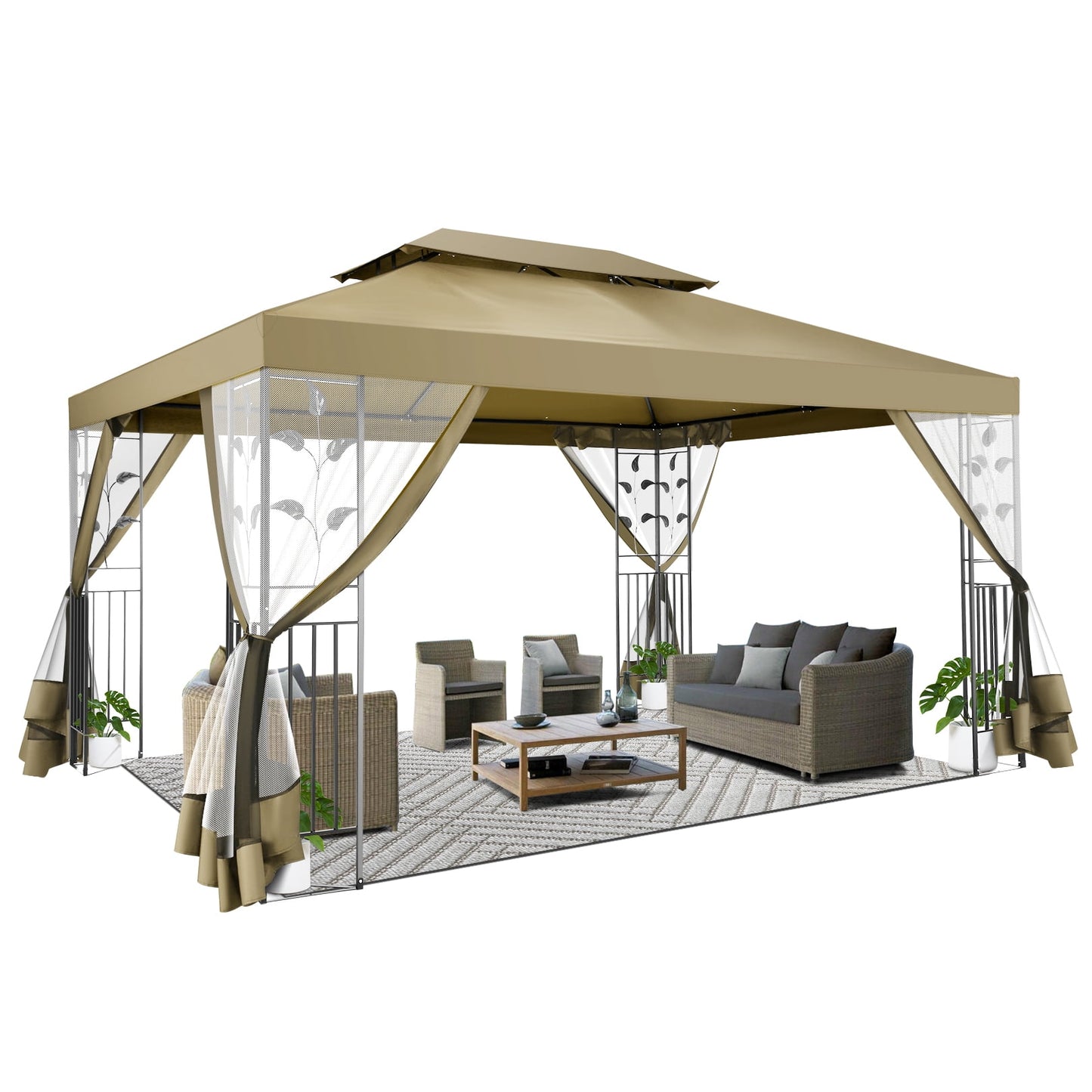 COBIZI 10'x 13' Metal Patio Gazebo, Outdoor Gazebo Canopy Tent for Backyard with Mosquito Netting, Gazebos Shelter with Steel Frame, Patio Covers for Sun and Rain, Khaki