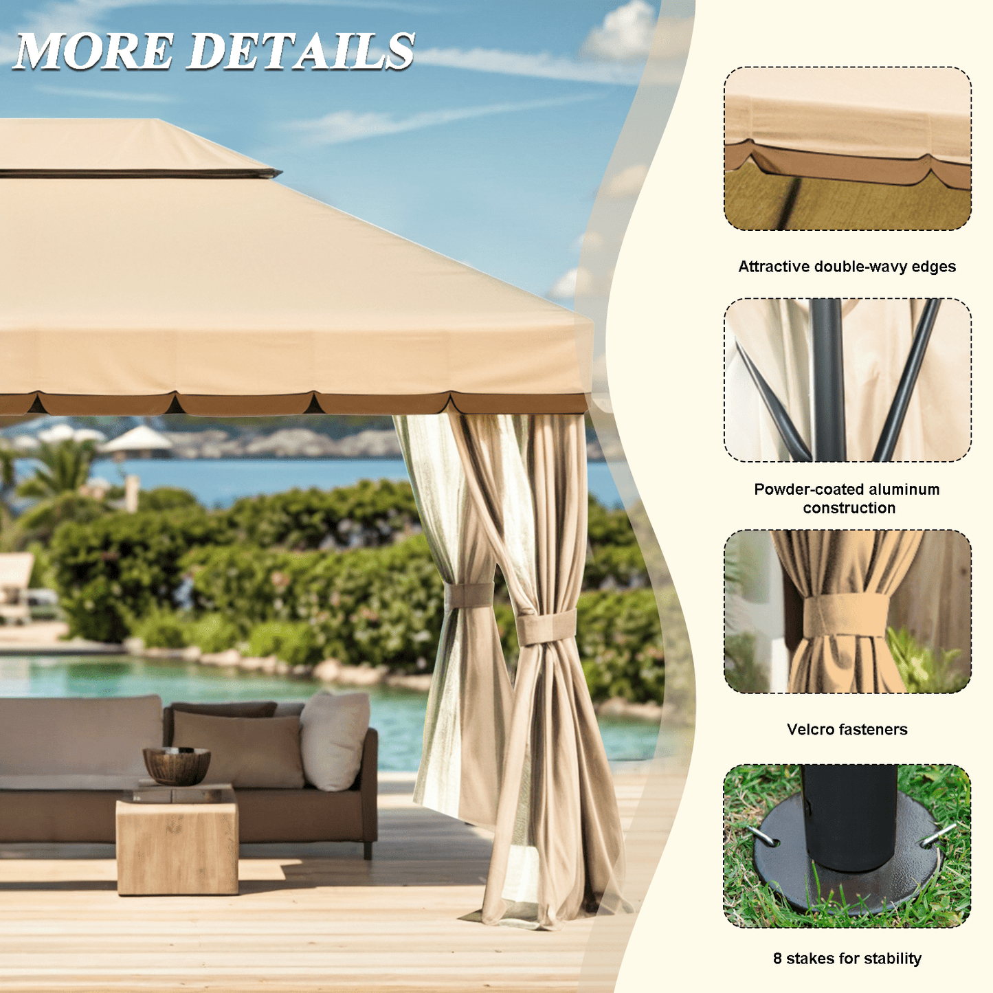 Grezone 10¡Á13 FT Deluxe No Screws Gazebo,Double Roof Outdoor Shelter Tent with Mosquito Nettings and Privacy Screens