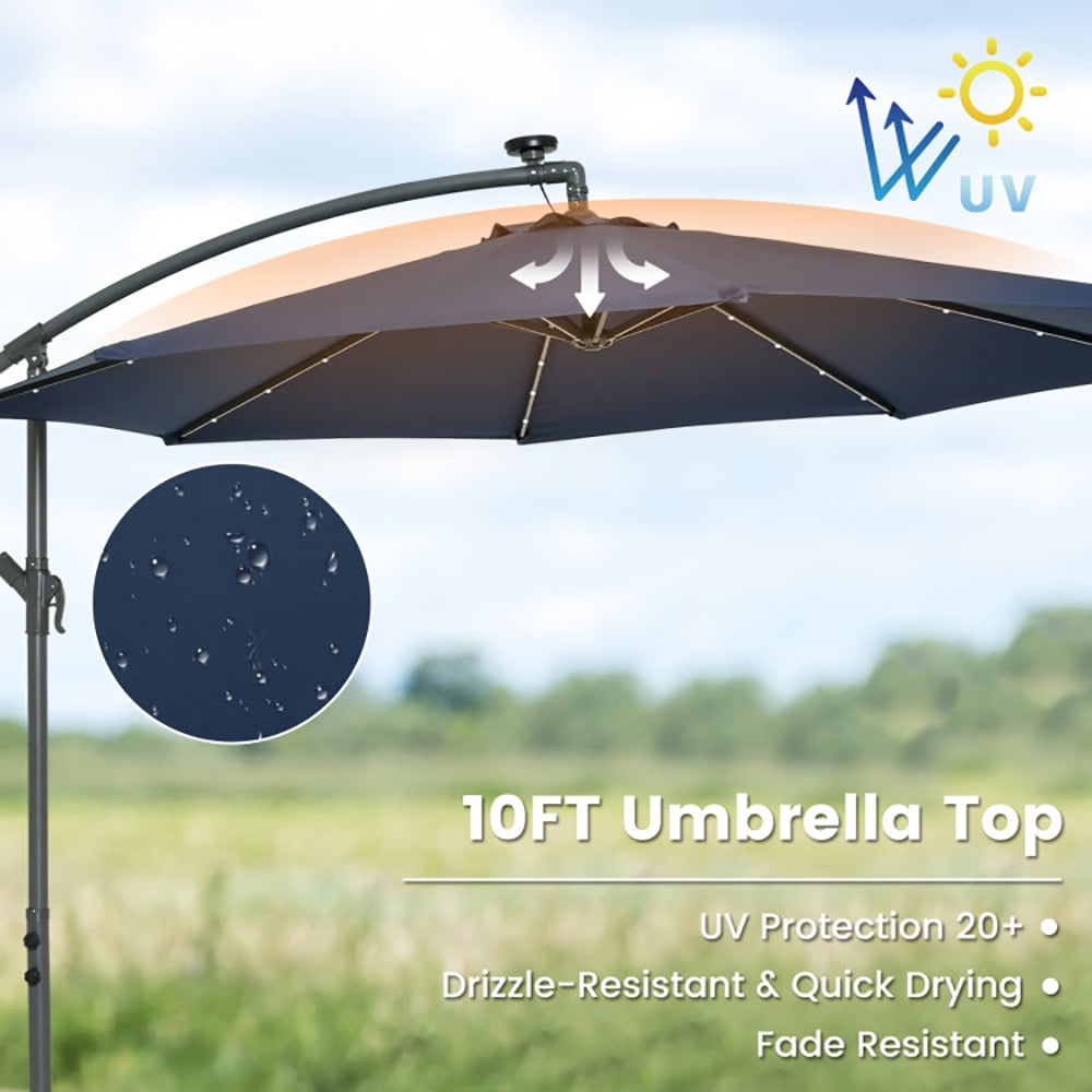 GVN 10 Feet Cantilever Umbrella with 32 LED Lights and Solar Panel Batteries-Navy, Patio Offset Umbrella with Easy Tilt Adjustment, Cantilever Patio Umbrellas, Sunshade Umbrella Canopy