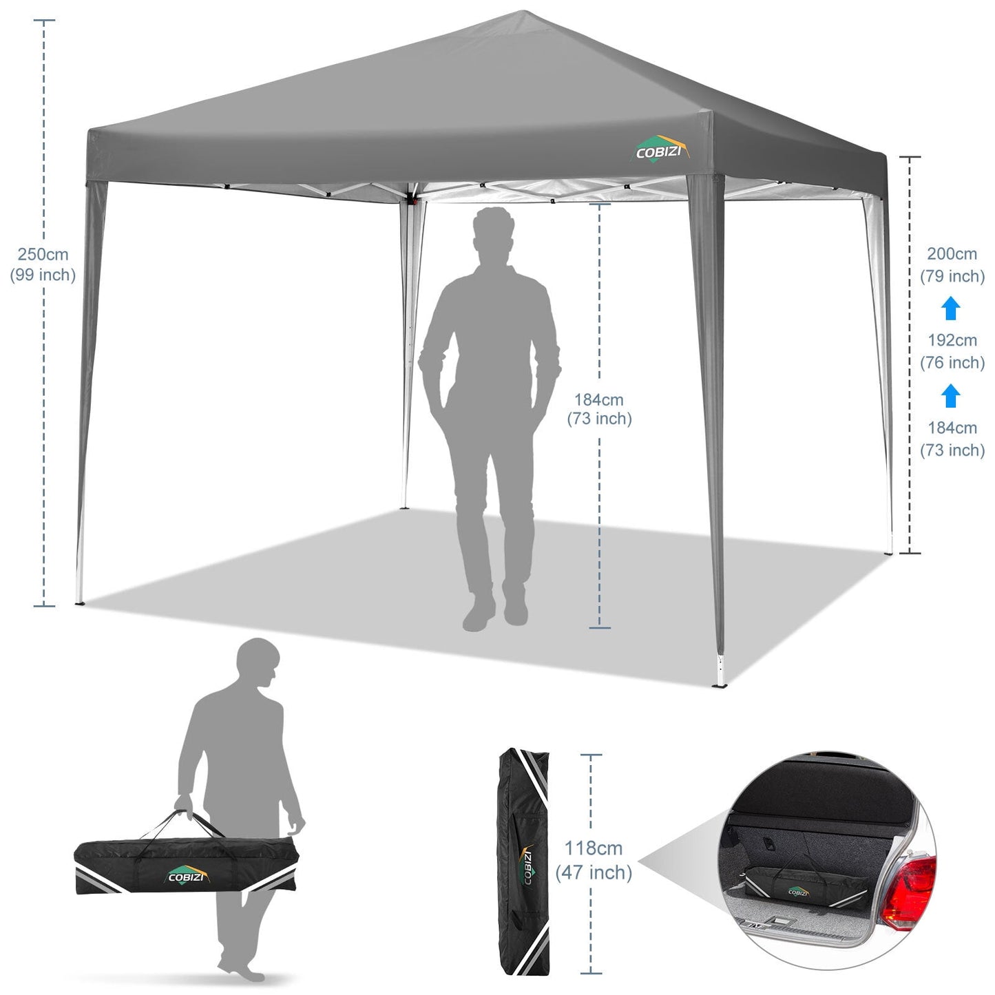COBIZI 10x10 Ez Pop Up Canopy Tent,Commercial Instant Gazebo Tents for Parties,Waterproof Adjustable Outdoor Patio Backyard Canopy Party Tent,Gray