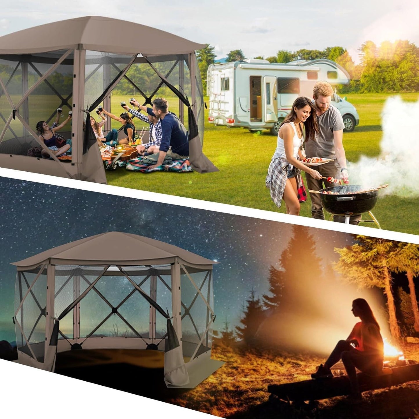 COBIZI 12x12 Pop-up Gazebo Starry Sky Screen Canopy Tent Screen House for Camping, Screen Room with Mosquito Netting, Hub Tent Instant Screened Canopy with Carrying Bag and Ground Stakes, Brown
