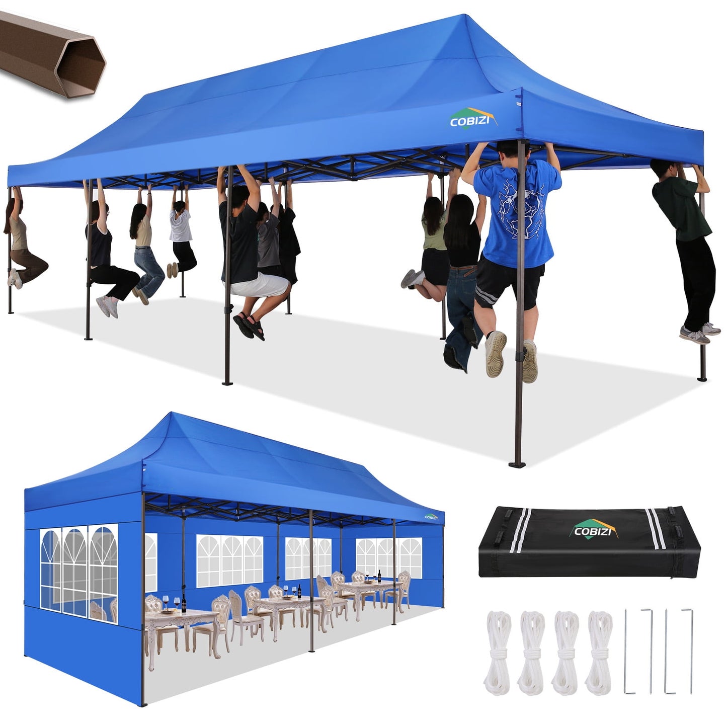 COBIZI Heavy Duty 10x30 Party Tent,Commercial pop up Canopy for Parties,Waterproof Gazebos, 8 Sidewalls,Waterproof UPF50+,Stable Thickened Frame,Blue