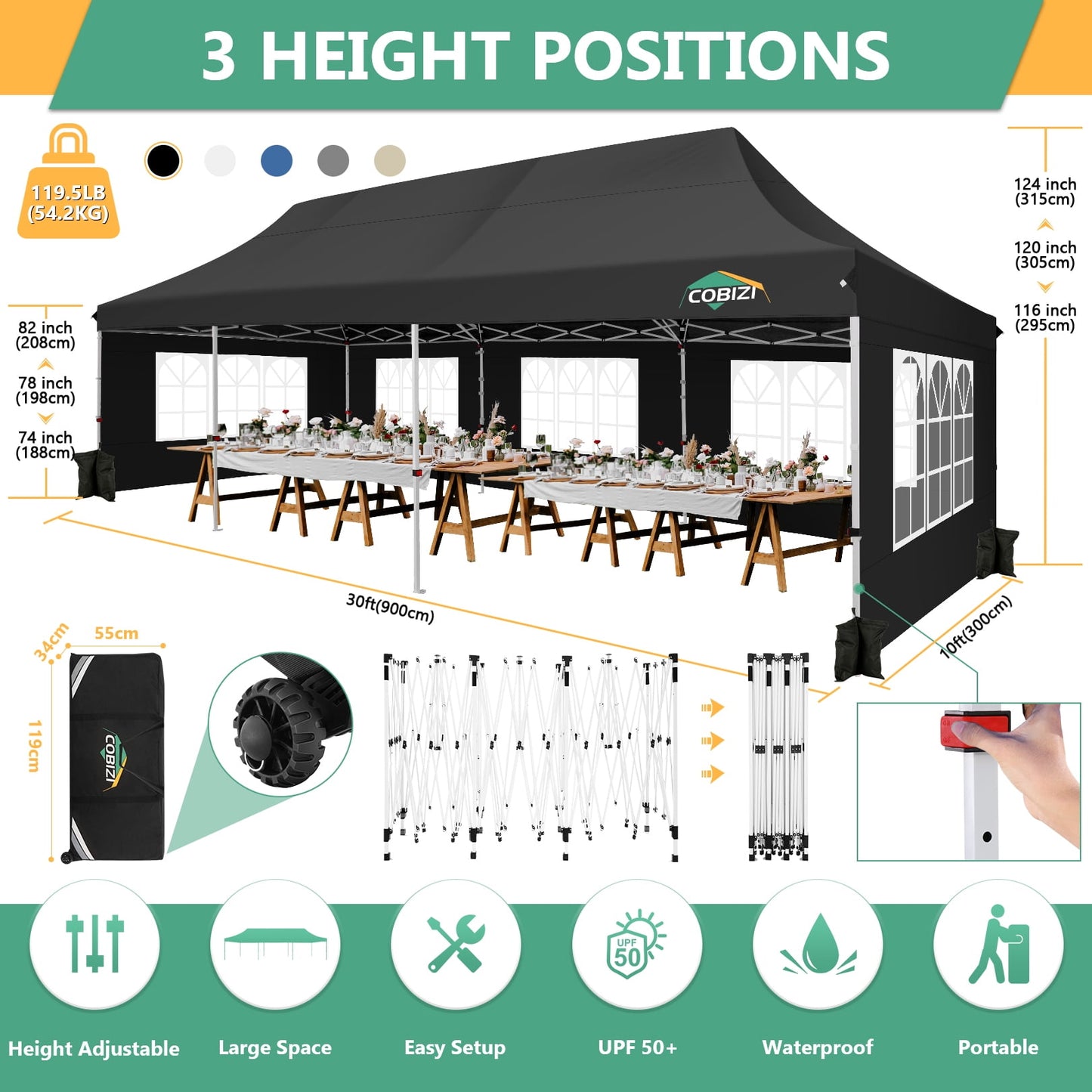 COBIZI 10x30 Pop-up Canopy Outdoor Wedding Party Tent Patio Gazebo Commercial Canopy Tent with Sidewalls Black