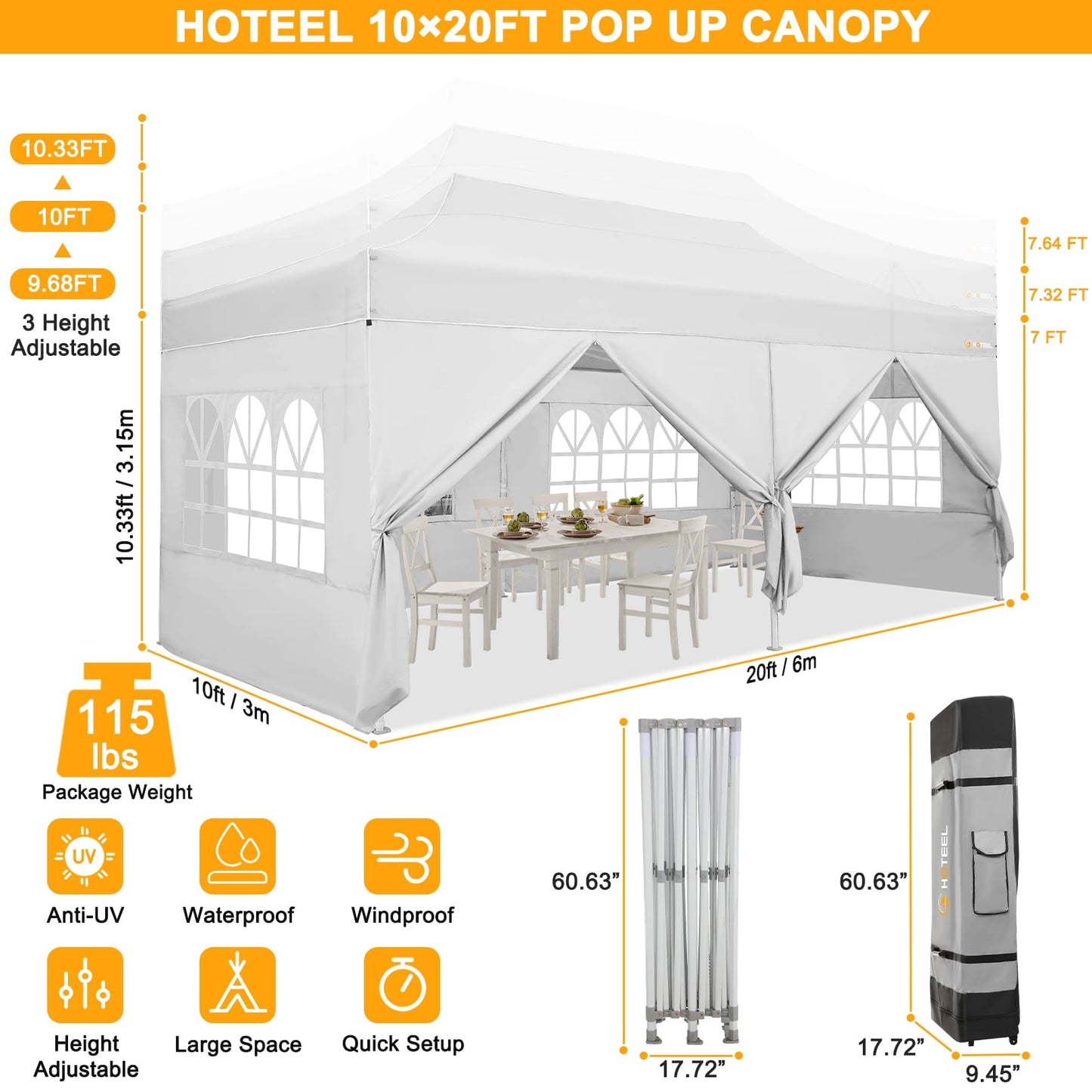 COBIZI Canopy 10x20 Pop up Canopy with 6 Sidewalls Heavy Duty Party Tent Outdoor Party Event Gazebo Commercial Canopy Tents for Parties Wedding Outdoor Events,White