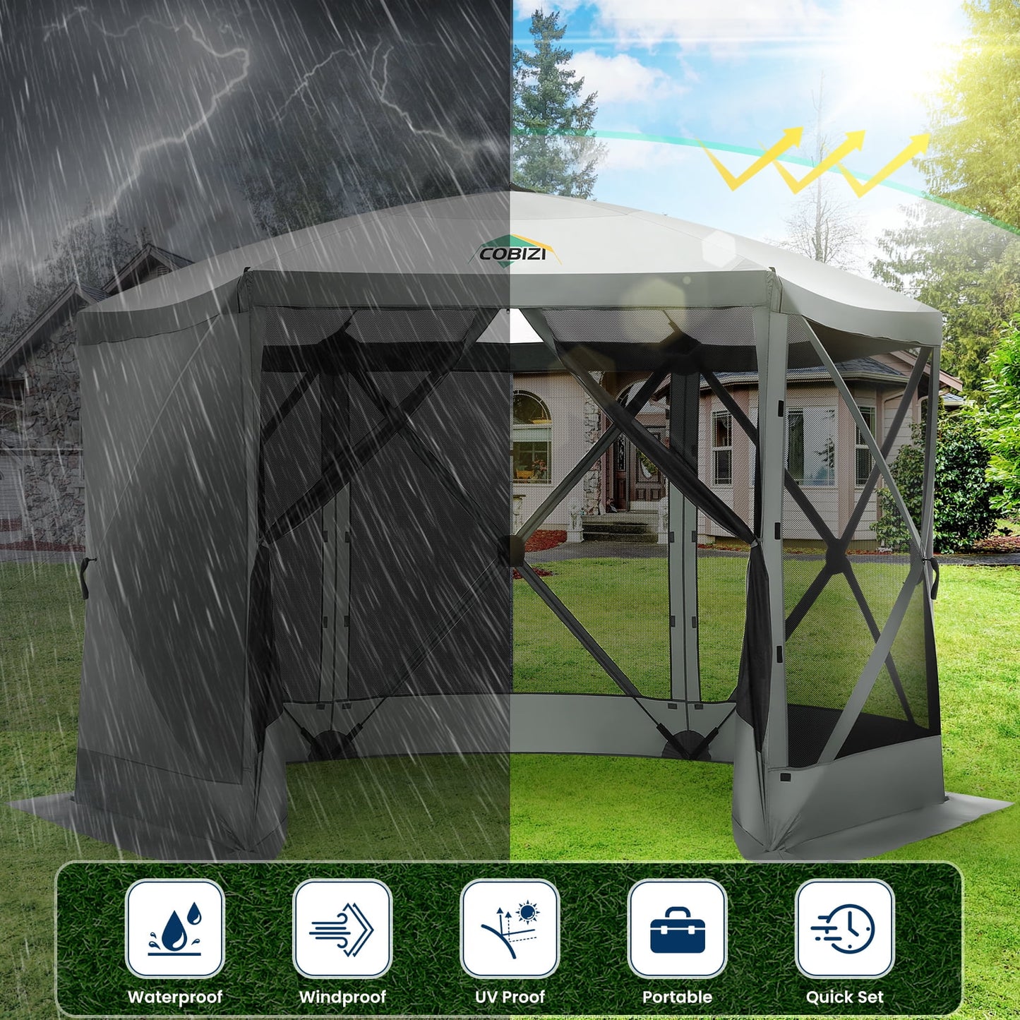 COBIZI 12x12 Pop Up Canopy Gazebo, Outdoor Canopy Tent Screen House with 6 sidewalls and Netting for Camping, Waterproof, UV Resistant, Ez Set-up Party Tent with Carrying Bag and Ground Stakes,Blue