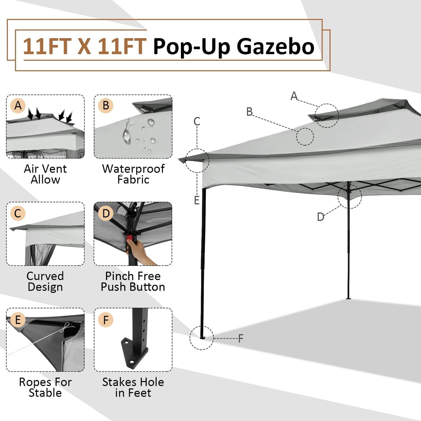 Hoteel Gazebo Canopy Tent, Pop-up Canopy 11x11 Tents for Parties, Outdoor Gazebo with Mosquito Netting and Vented Roof, Screen House for Garden Patio Backyard, Gray