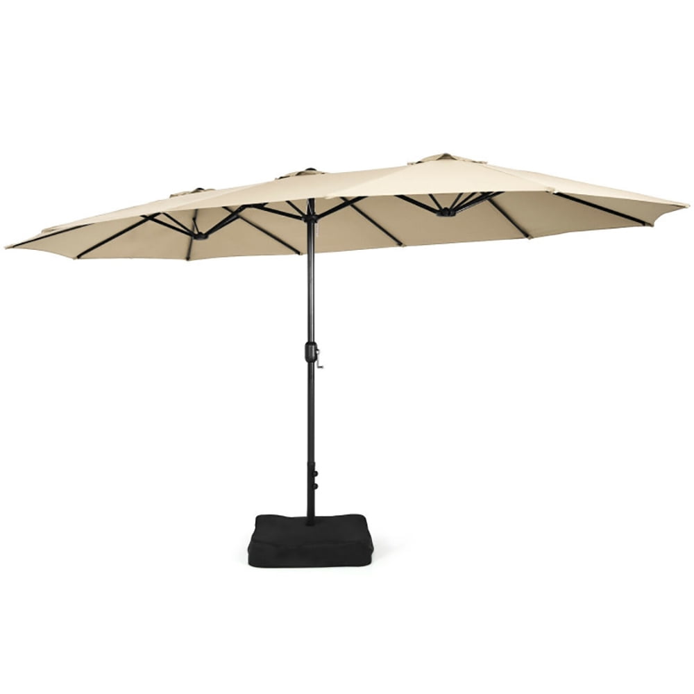 GVN 15 Feet Double-Sided Twin Patio Umbrella with Crank and Base-Beige, Outdoor Table Umbrella, Outdoor Umbrella, Market Umbrella for Outdoor Patio Backyard Garden Lawn Sun Shade