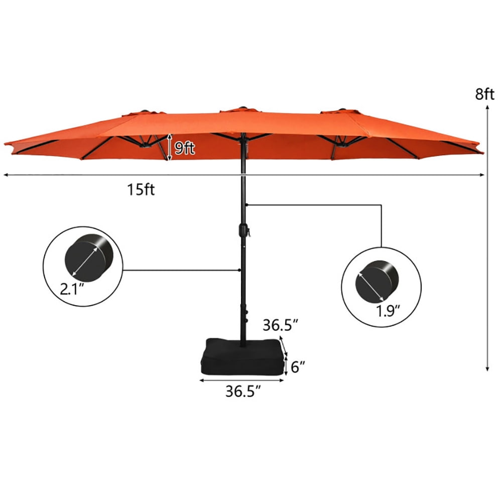 GVN 15 Feet Double-Sided Twin Patio Umbrella with Crank and Base-Orange, Outdoor Table Umbrella, Outdoor Umbrella, Market Umbrella for Outdoor Patio Backyard Garden Lawn Sun Shade