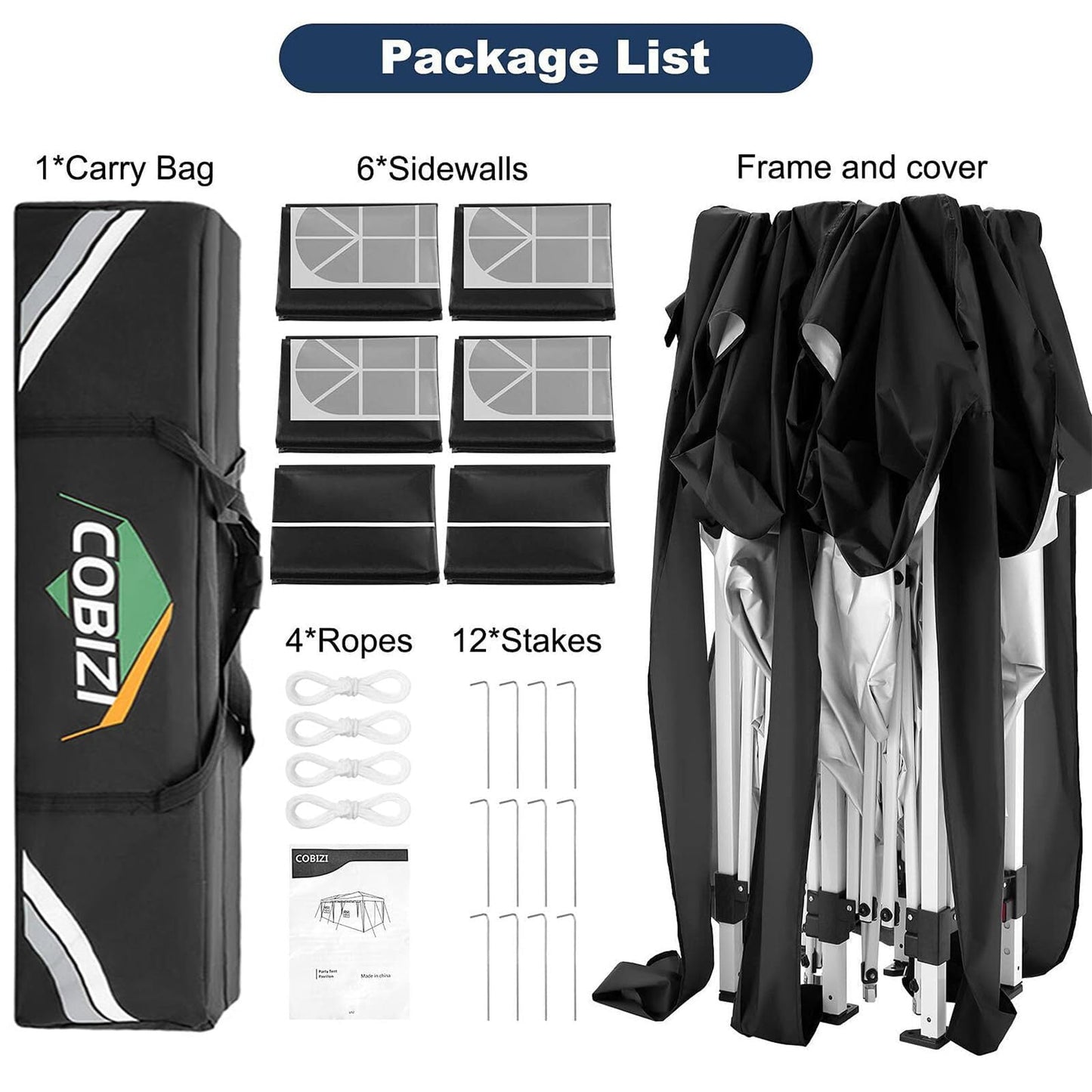 COBIZI 10x20 EZ-UP Canopy Tent Waterproof Canopy,Protable Instant Shelter Gazebo with 6 Removable Sidewalls and Carry Bag,Black