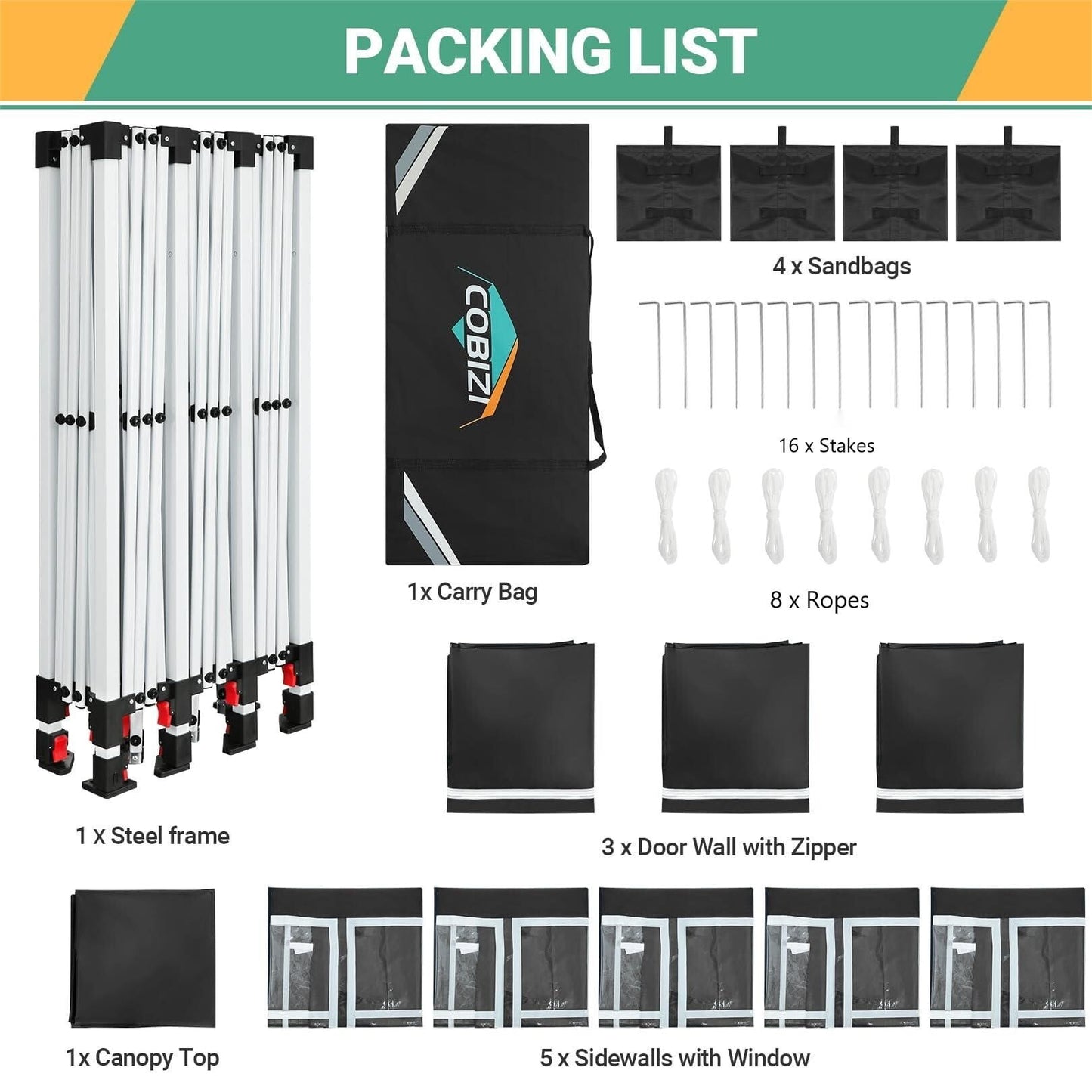 COBIZI 10x30 Canopy Party Tent Tent with 8 Sidewalls,Waterproof UPF 50+ 0utdoor Wedding Event Tents for Parties Backyard Pop up Canopy Gazebo with 4 Sand Bags&Carry Bags,Black