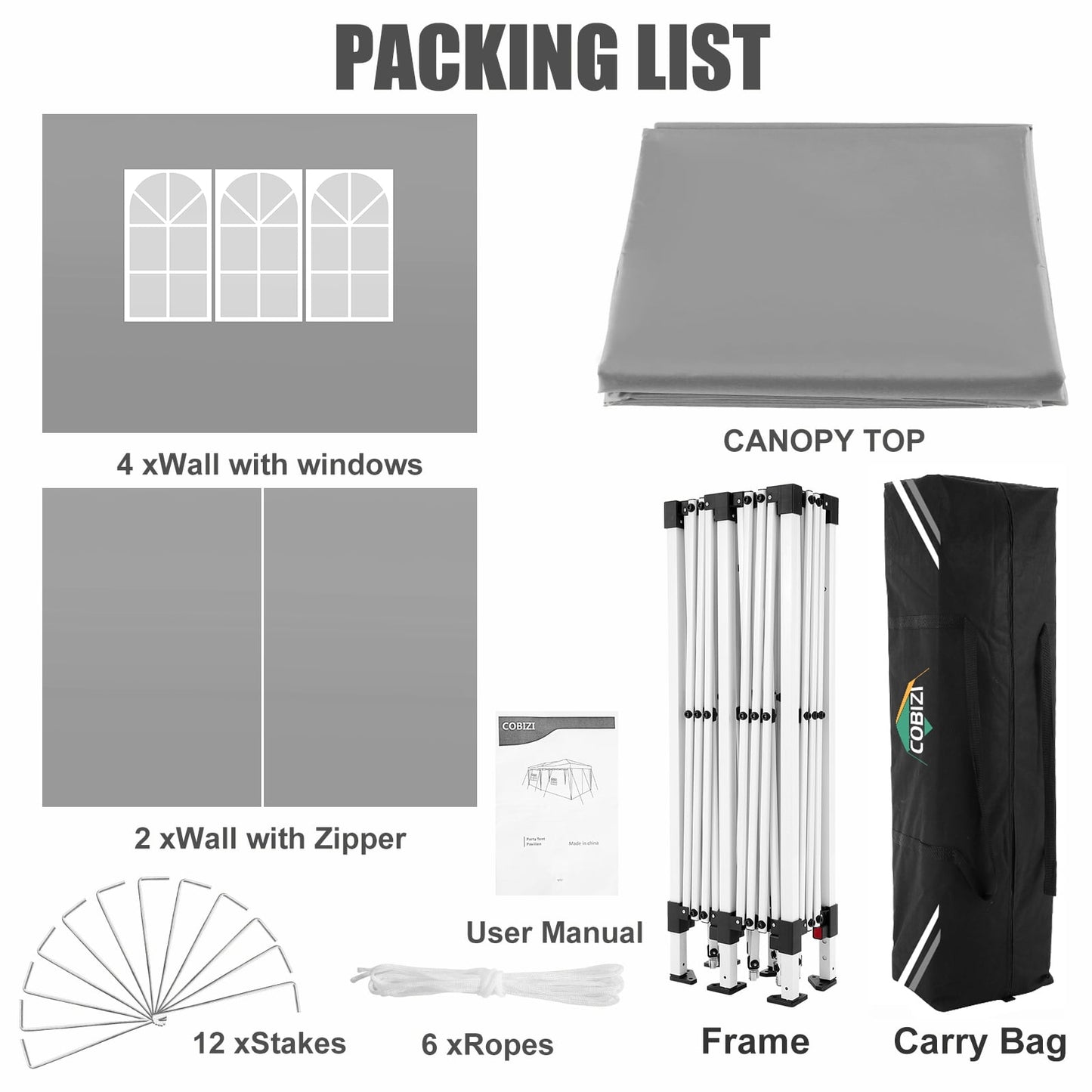 COBIZI 10x20 EZ-Up Canopy Tent Party Tent Outdoor Event Protable Instant Shelter Tent Gazebo with 6 Removable Sidewalls and Carry Bag,Gray