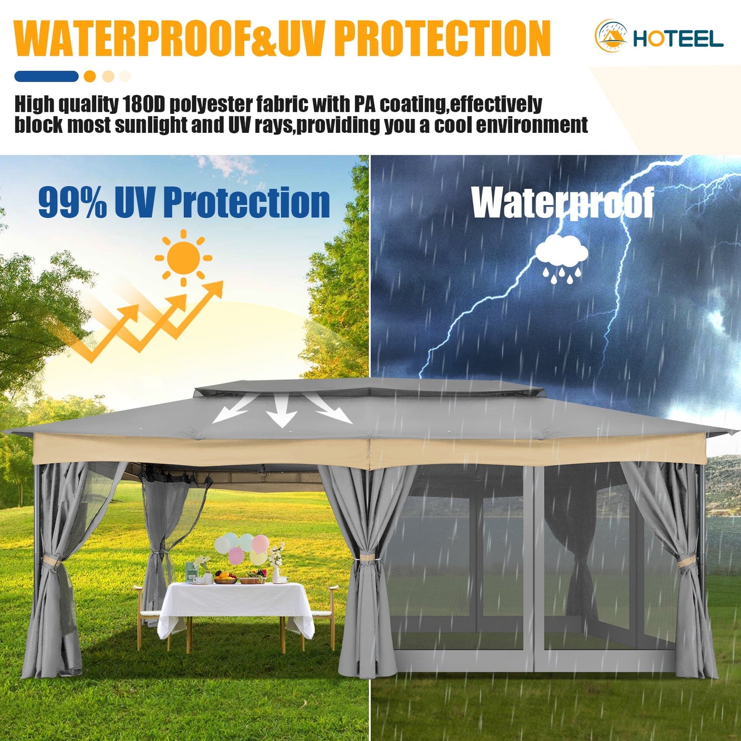 Hoteel Outdoor Gazebo 12x20 Patio Gazebo with Netting and Curtains Waterproof Gazebo with Double Roof Large Backyard Gazebo with Metal Steel Frame for Backyard, Lawn, Party, Garden, Gray