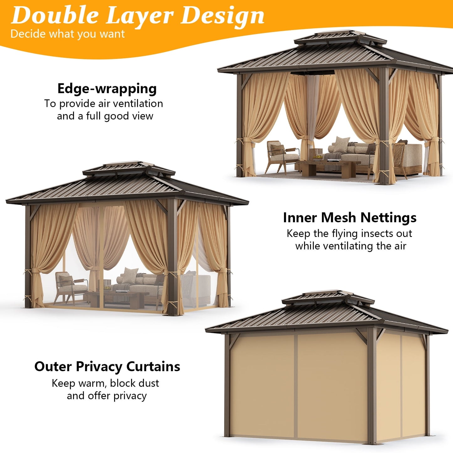 COBIZI 10x12 Hardtop Gazebo Aluminum Gazebos with Galvanized Steel Double Roof Metal Gazebo with Curtains and Netting Permanent Steel Gazebo for Backyard, Garden and Patio, Brown