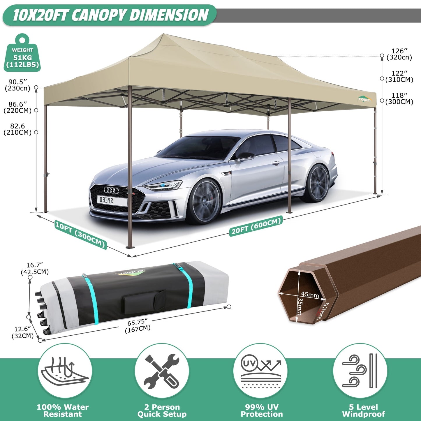 COBIZI 10x20 Pop Up Heavy Duty Canopy Tent with 4 Sandbags, Commercial Pop Up Tent for Parties All Weather Waterproof and UV 50+ Wedding Tent with Roller Bag, Outdoor Gazebo for Patio,khaki