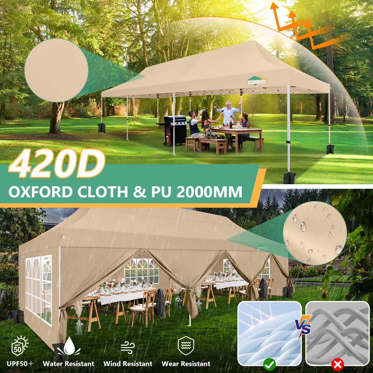 COBIZI 10x30 Pop-up Canopy Outdoor Wedding Party Tent Patio Gazebo Commercial Canopy Tent with Sidewalls Khaki