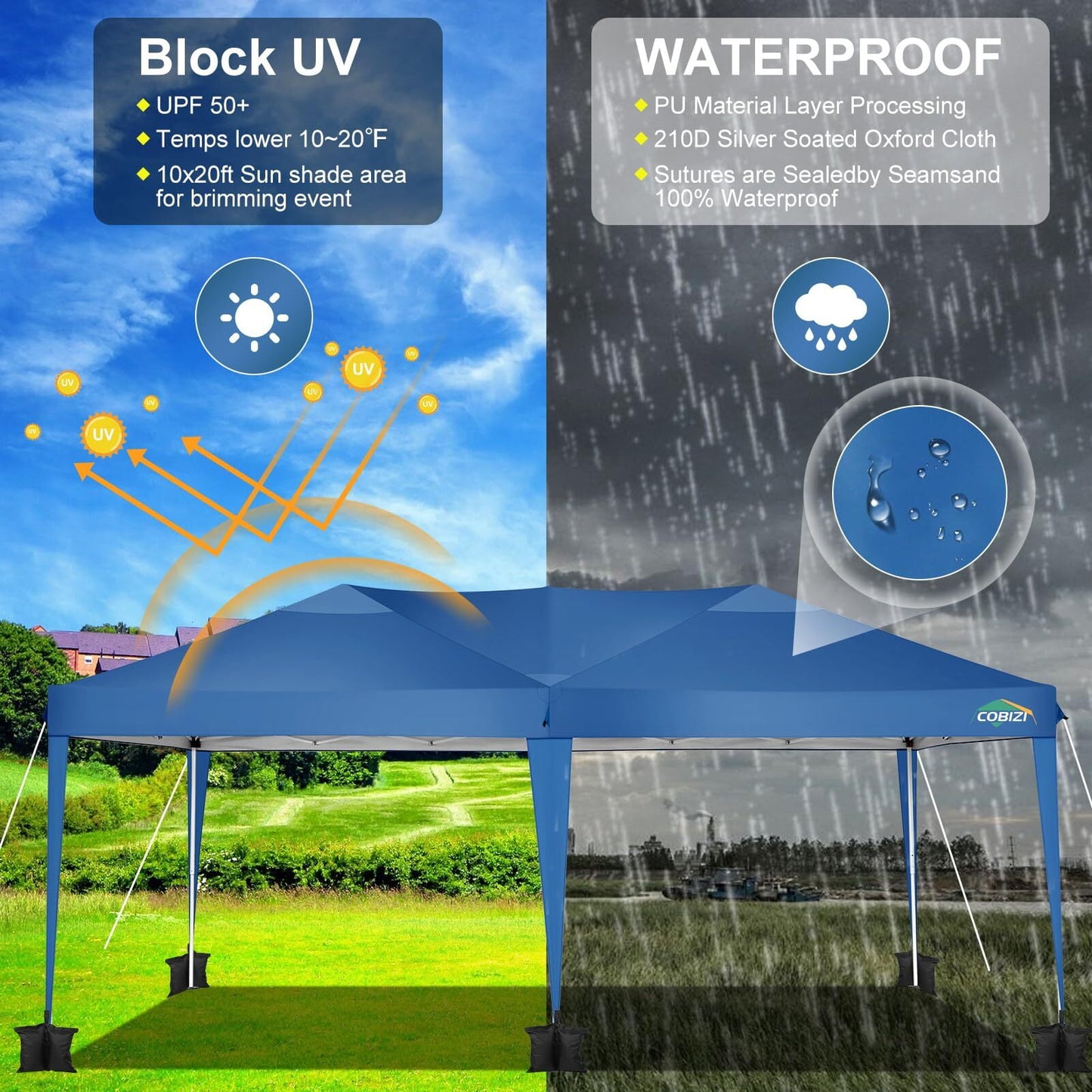 COBIZI 10x20 EZ Pop Up Canopy Tent Party Tent Outdoor Event Protable Instant Shelter Tent Gazebo with 6 Removable Sidewalls and Carry Bag,Blue
