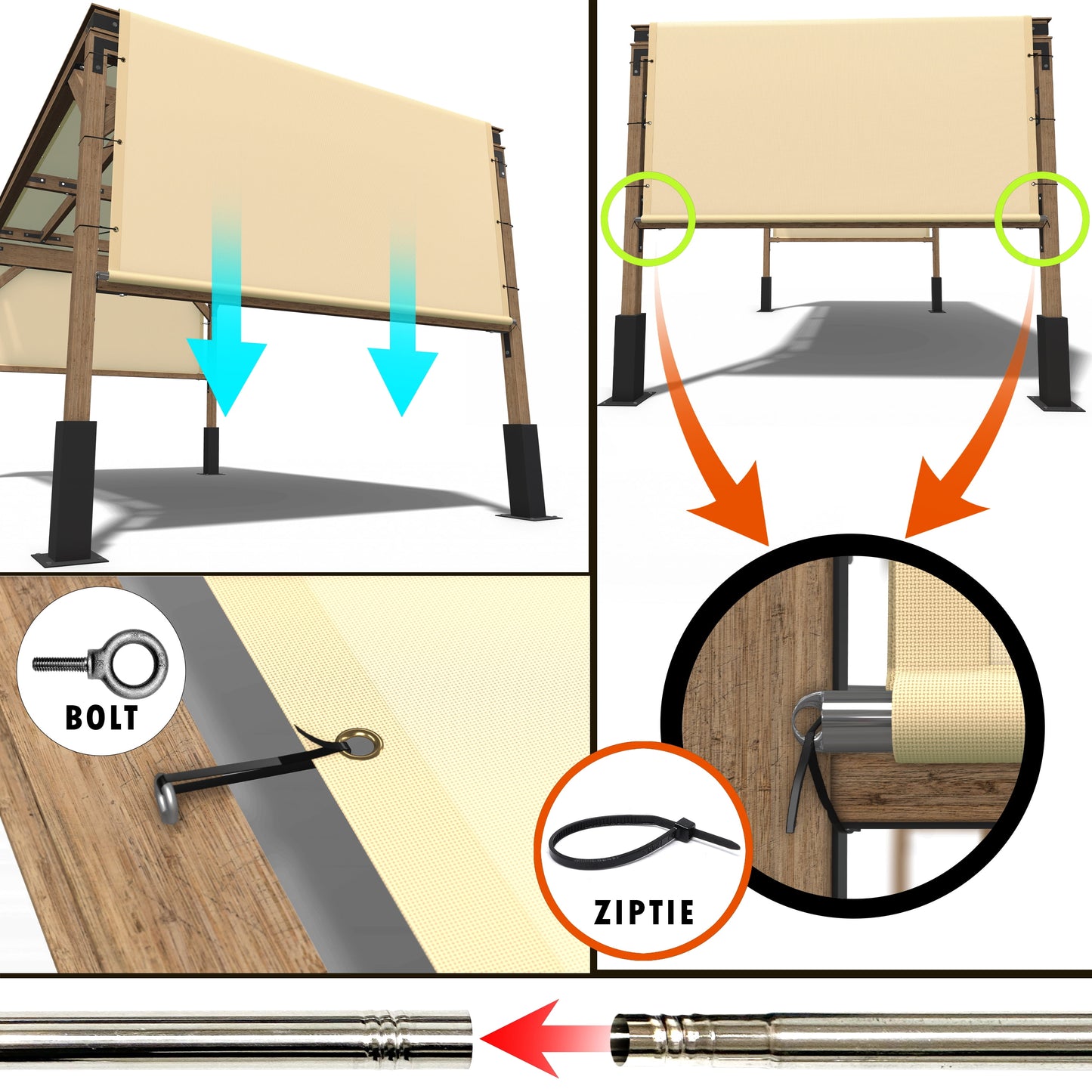 ColourTree 10' W x 26' L Waterproof Beige Pergola Sun Shade Canopy Replacement Cover, Commercial Grade 260 GSM Cloth for Outdoor Patio, Includes Stainless Steel Weighted Rods (We Make Custom Size)