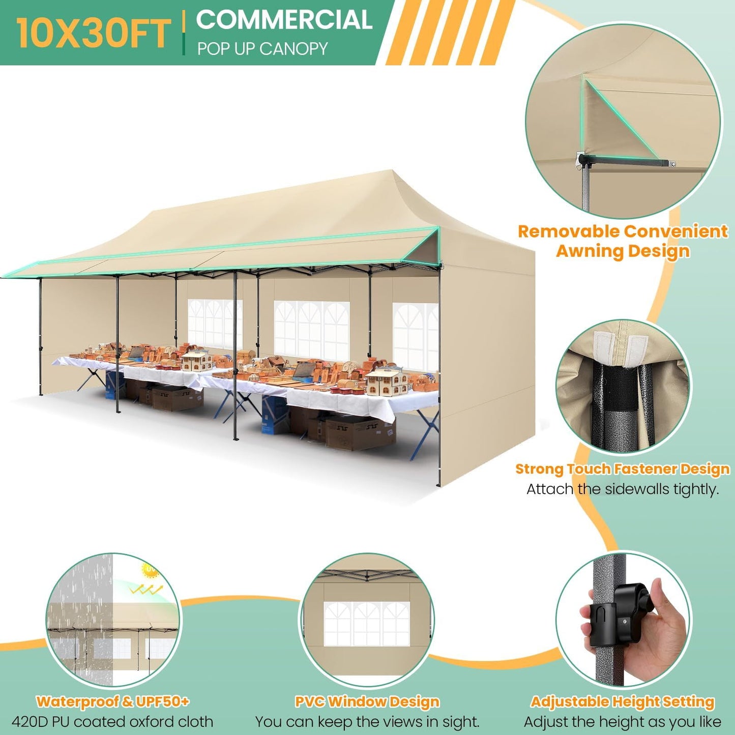 COBIZI 10x30 Pop Up Canopy Heavy Duty Party Tent with Removable Awning and Sidewalls,Easy Up Outdoor Wedding Commercial Canopy,Gazebo All Season Windproof&Waterproof UPF 50+,Blue