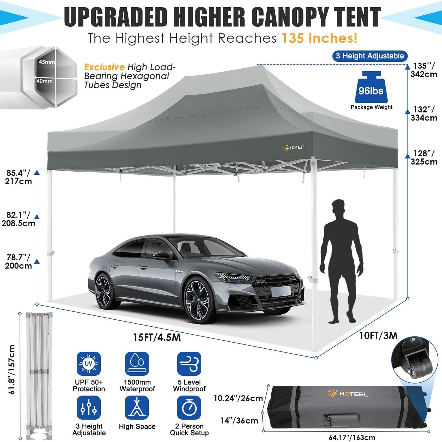 COBIZI 10x15 Pop up Canopy Tent, 10 x 15 Heavy Duty Ez up Canopy, Commercial Instant Party Tent with Roller Bag & Sand Bags,420D Waterproof Oxford & UPF 50+,Gray(Frame Thickened & Windproof)