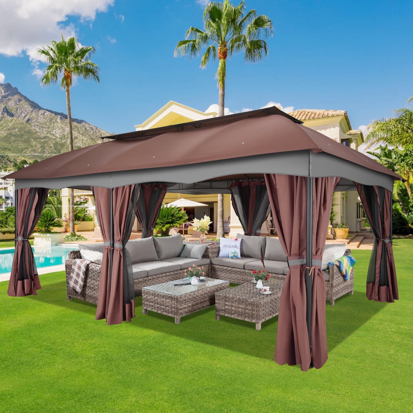 Hoteel 12X20 Heavy Duty Gazebo Outdoor Gazebo with Mosquito Netting and Curtains, Canopy Tent Deck Gazebo with Double-Arc Roof Ventiation and Metal Steel Frame Suitable for Lawn, Backyard, Patio,Brown