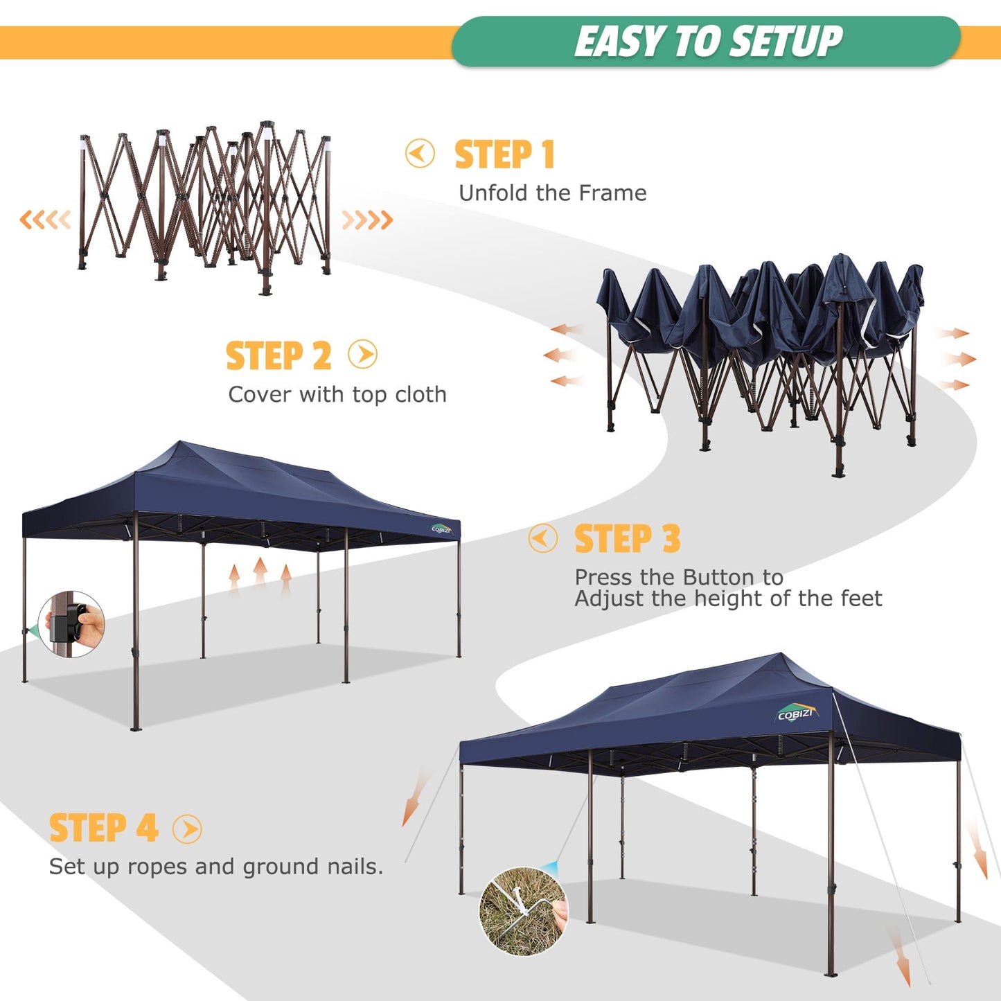 COBIZI 10x20 Pop Up Heavy Duty Canopy Tent with 4 Sandbags, Commercial Pop Up Tent for Parties All Weather Waterproof and UV 50+ Wedding Tent with Roller Bag, Outdoor Gazebo for Patio,dark blue