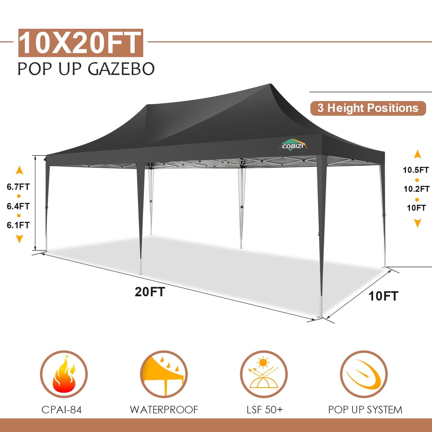 COBIZI 10x20 Pop Up Canopy Tent with 6 Sidewalls,Upgrade Structure Wind & Waterproof Easy up UV Blocking with Carry Bag,3 Adjustable Heights,Wedding Party Tent Outdoor Commercial Party Tent,black