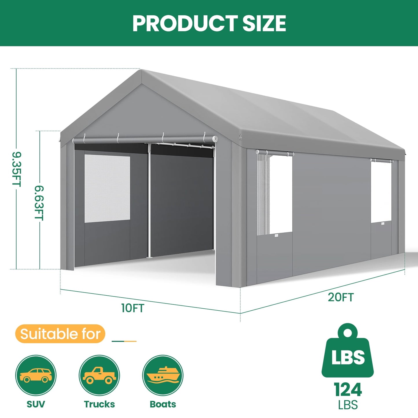 COBIZI 10'x20' Outdoor Auto Shelter Carport with Storage, Driveway Heavy Duty Car Tent, Gray