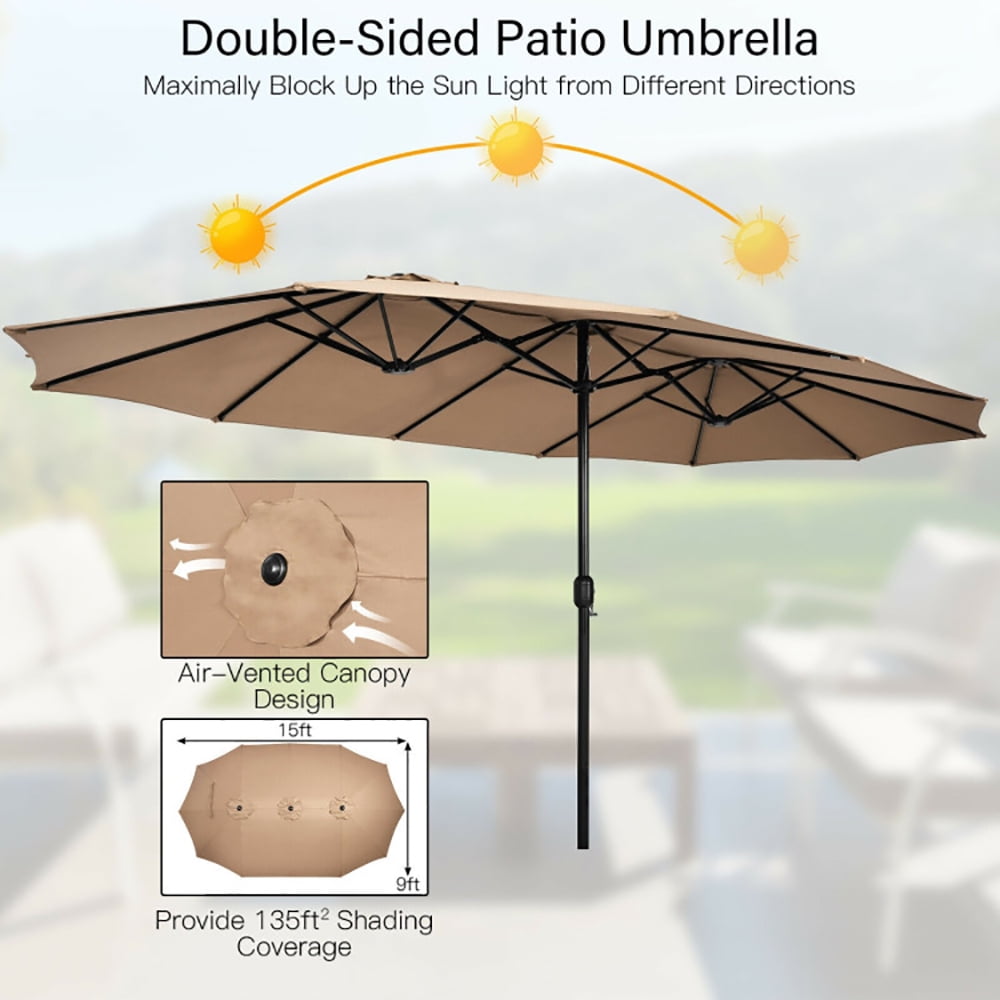 GVN 15 Feet Double-Sided Twin Patio Umbrella with Crank and Base-Brown, Outdoor Table Umbrella, Outdoor Umbrella, Market Umbrella for Outdoor Patio Backyard Garden Lawn Sun Shade