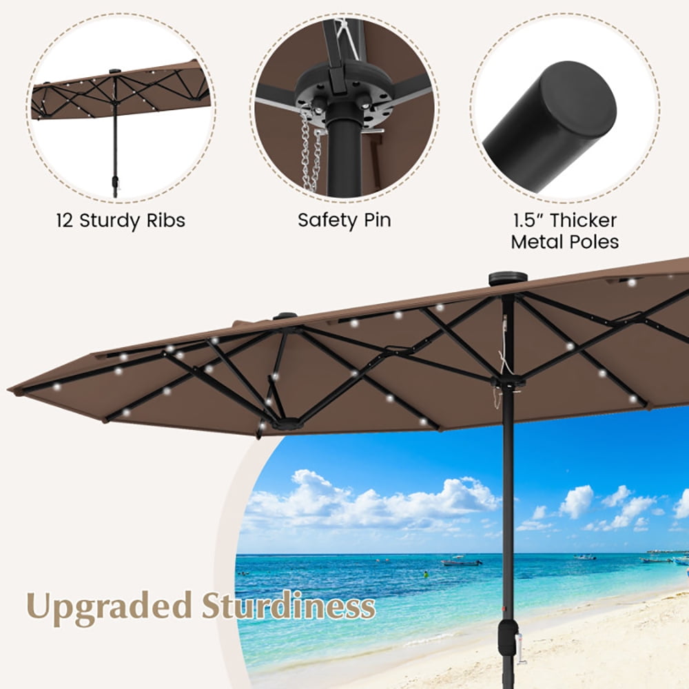 GVN 13FT Double-sided Patio Umbrella with Solar Lights for Garden Pool Backyard-Coffee, Patio Offset Umbrella with Easy Tilt Adjustment, Cantilever Patio Umbrellas, Sunshade Umbrella Canopy